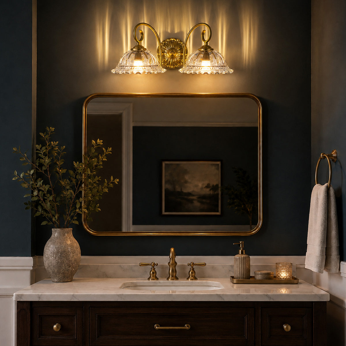 Aurelia Gold Vintage Bathroom Vanity Light, Clear Floral Glass, 2-Light