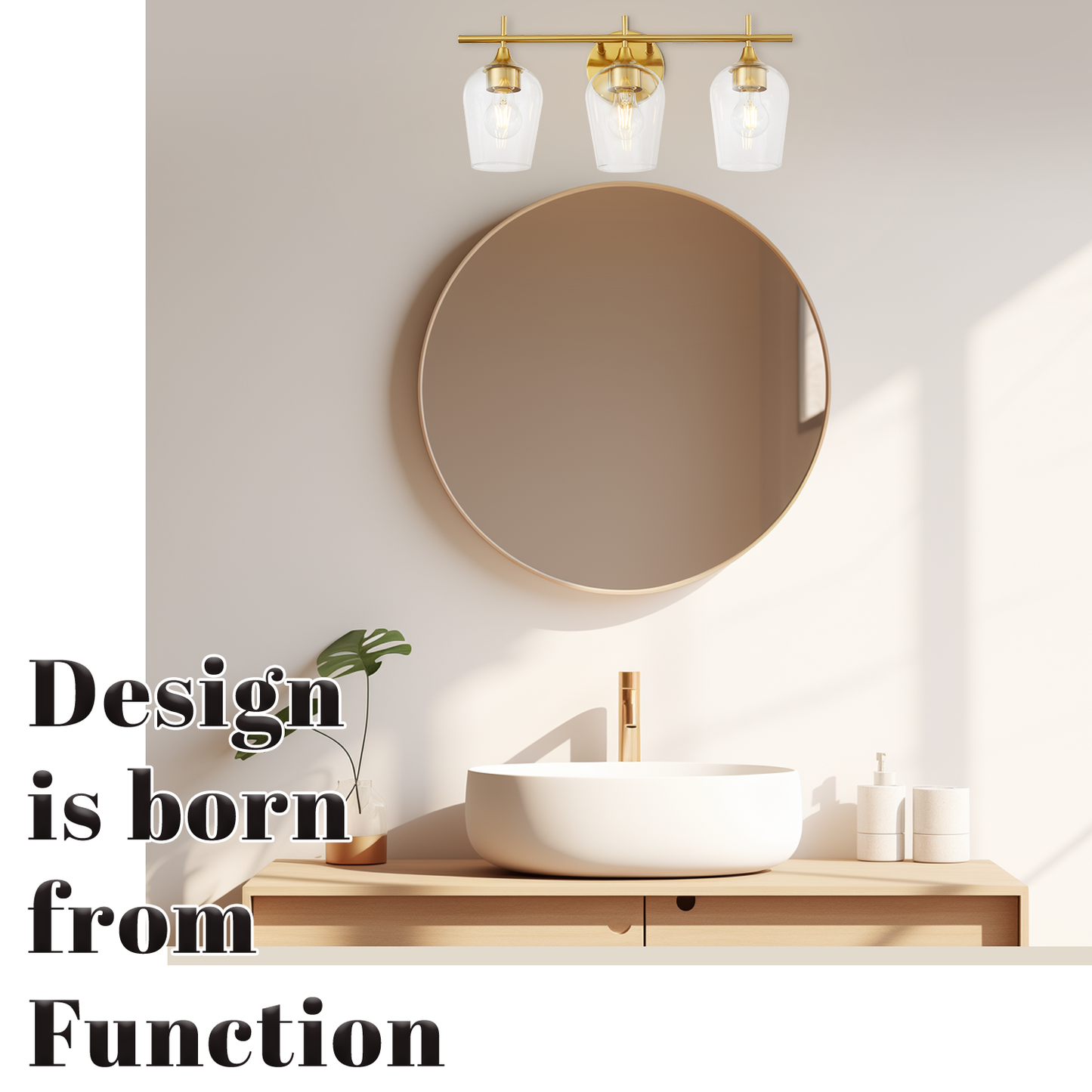 Hamilyeah 3-Light Gold Bathroom Vanity Light Fixture with Champagne Glass Shade