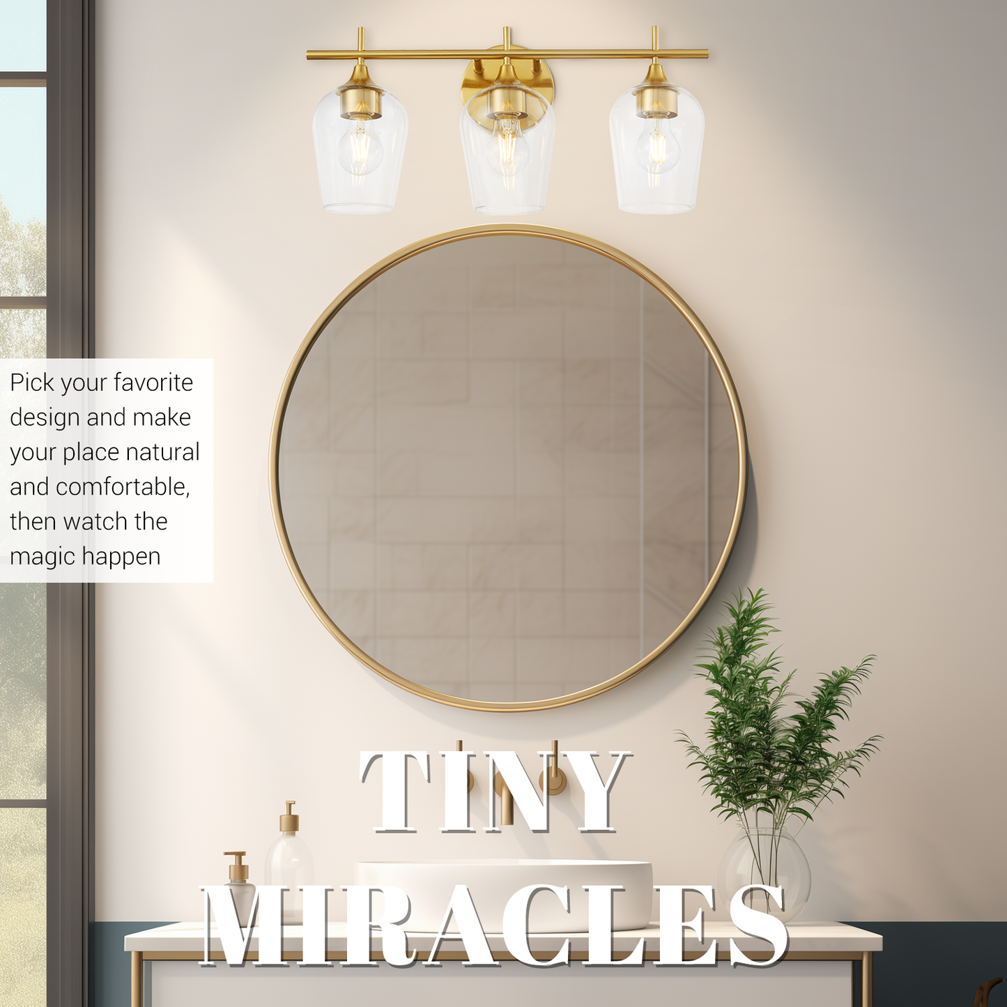 Hamilyeah 3-Light Gold Bathroom Vanity Light Fixture with Champagne Glass Shade