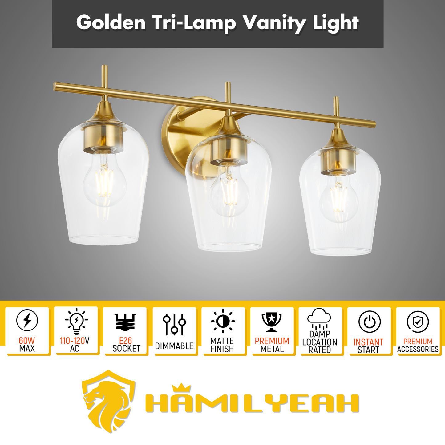 Hamilyeah 3-Light Gold Bathroom Vanity Light Fixture with Champagne Glass Shade