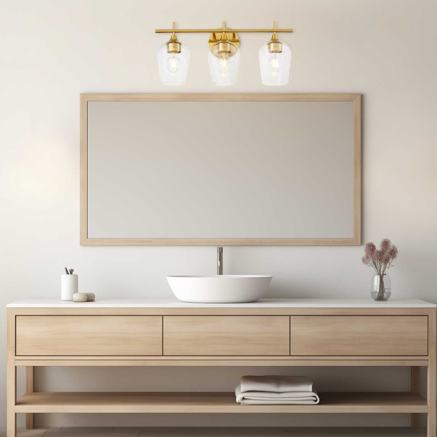 Hamilyeah 3-Light Gold Bathroom Vanity Light Fixture with Champagne Glass Shade