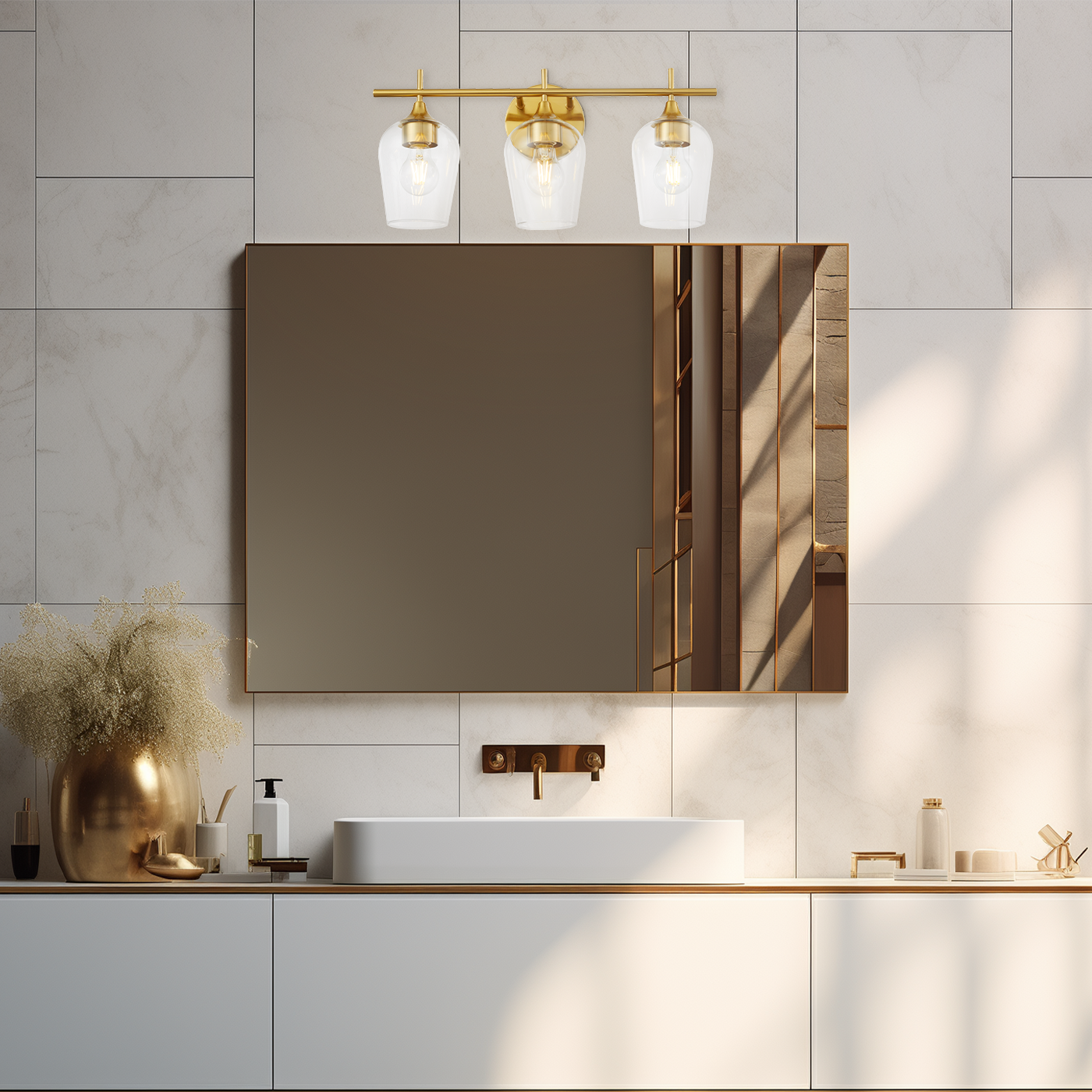 Hamilyeah 3-Light Gold Bathroom Vanity Light Fixture with Champagne Glass Shade