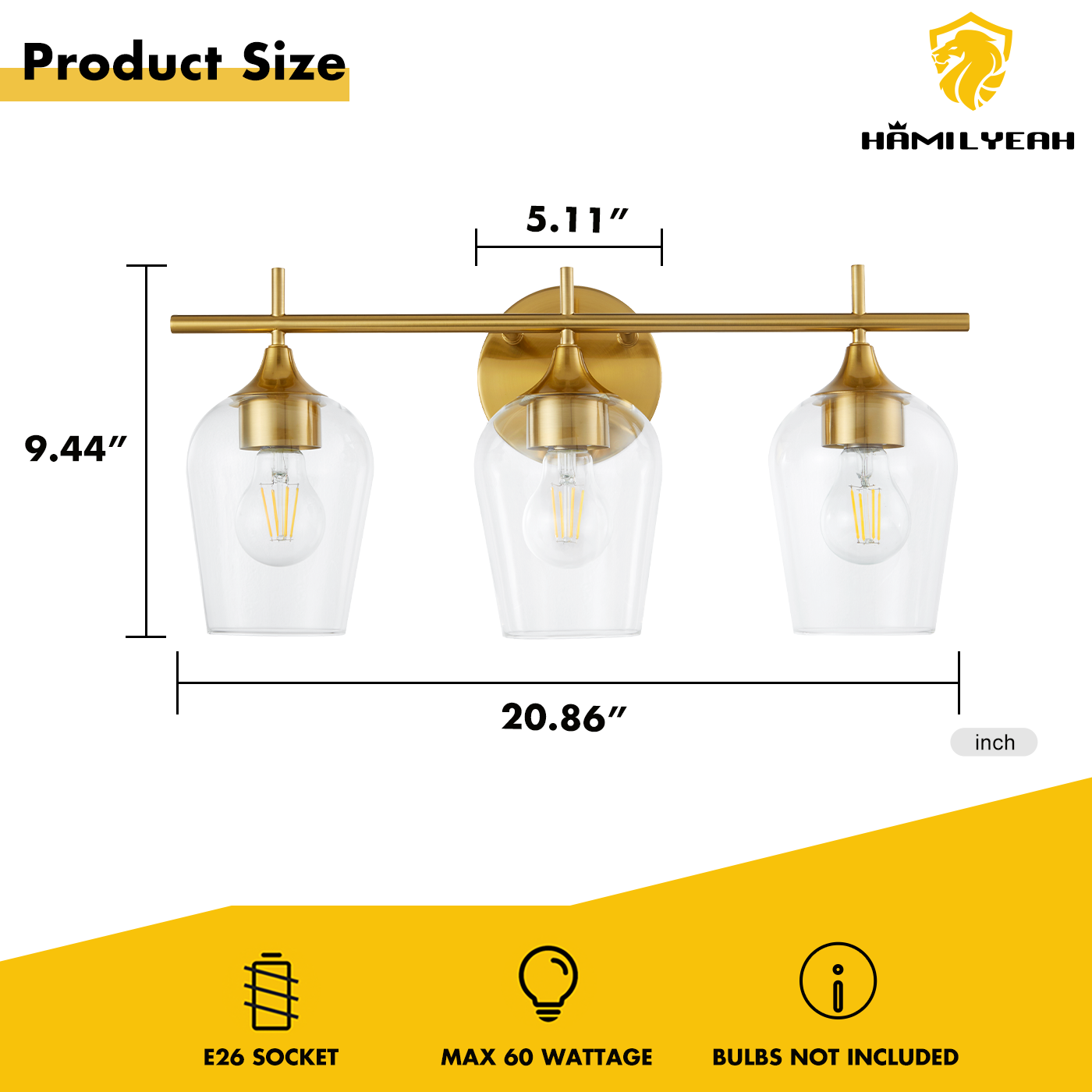 Hamilyeah 3-Light Gold Bathroom Vanity Light Fixture with Champagne Glass Shade