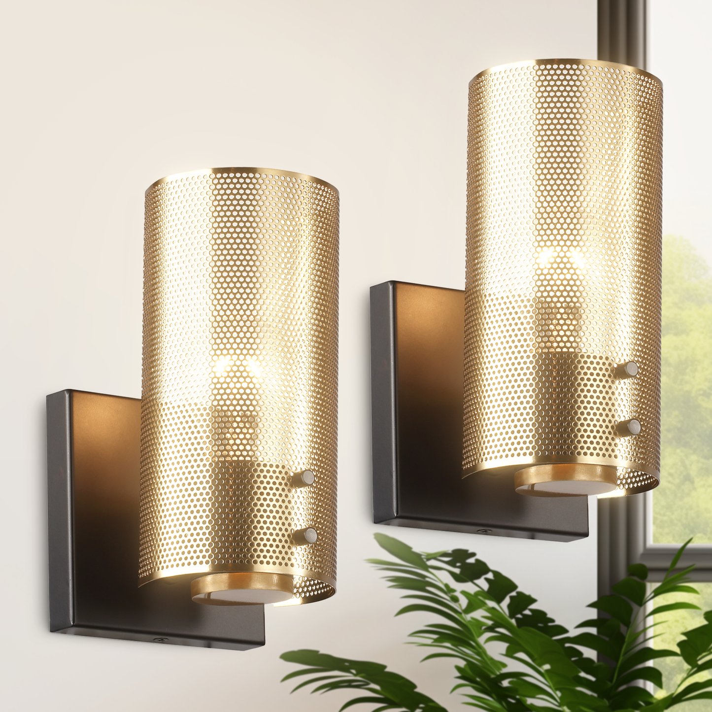 Hamilyeah Industrial Vintage Brass Gold Wall Sconces with Grid Mesh Shade Set of 2