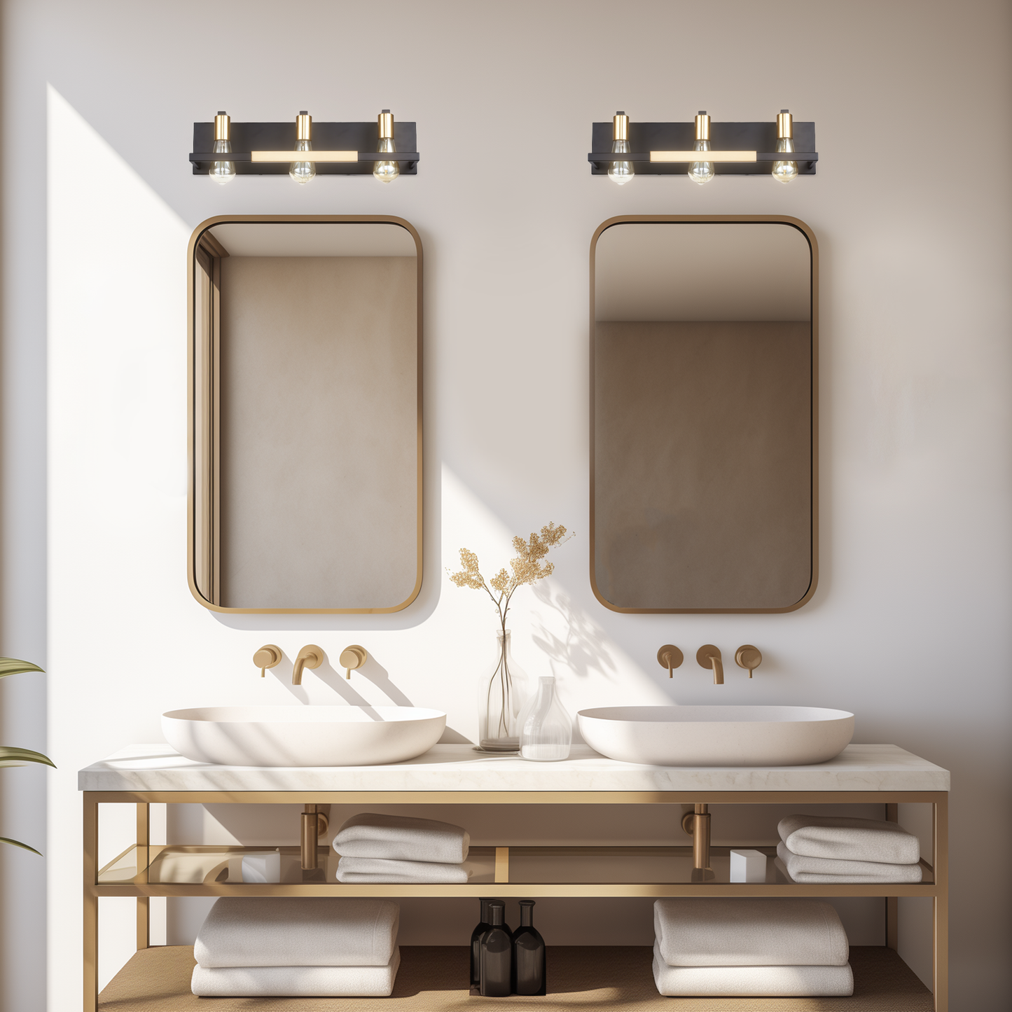 Hamilyeah 3-Light Matte Black and Gold Rustic Vintage Vanity Lights