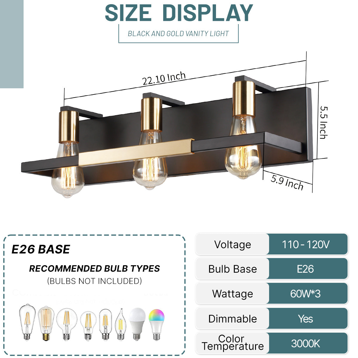 Hamilyeah 3-Light Matte Black and Gold Rustic Vintage Vanity Lights
