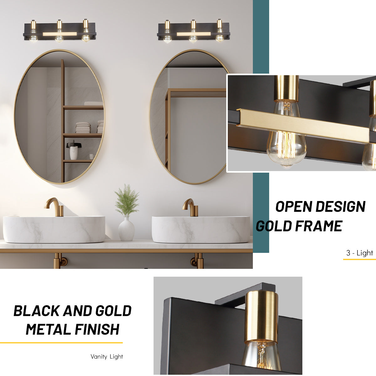 Hamilyeah 3-Light Matte Black and Gold Rustic Vintage Vanity Lights