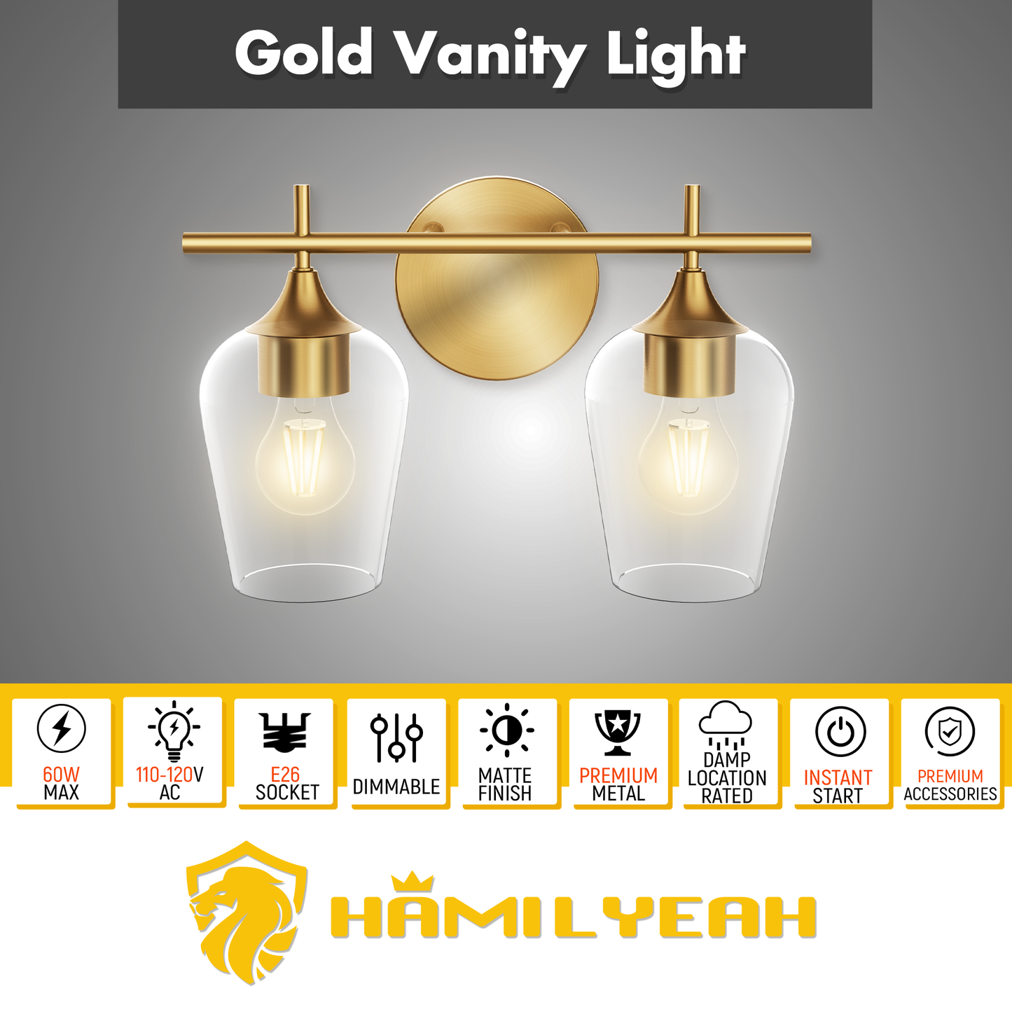 Hamilyeah 2-Light Gold Bathroom Vanity Light Fixture with Champagne Glass Shade