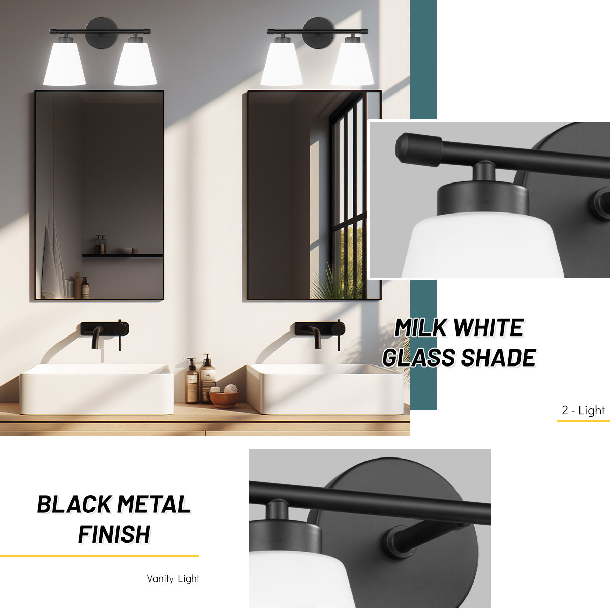 Hamilyeah 2-Light Black Vanity Lights with Frosted Milk Glass Shade