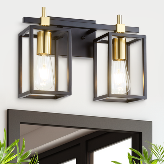 Hamilyeah 2-Light Vintage Cage Black and Gold Vanity Light Fixture