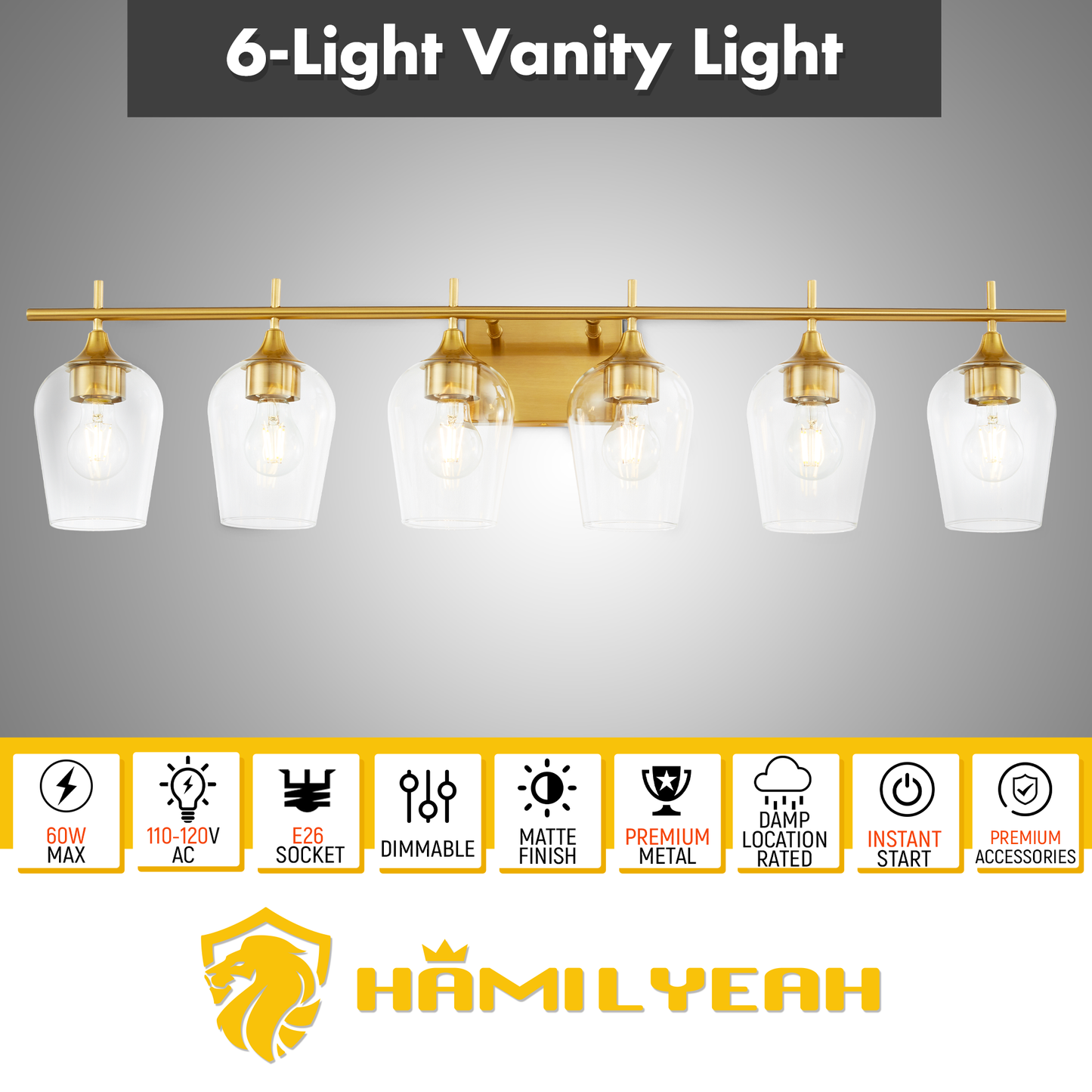 Hamilyeah 6-Light Gold Bathroom Vanity Light Fixture with Champagne Glass Shade