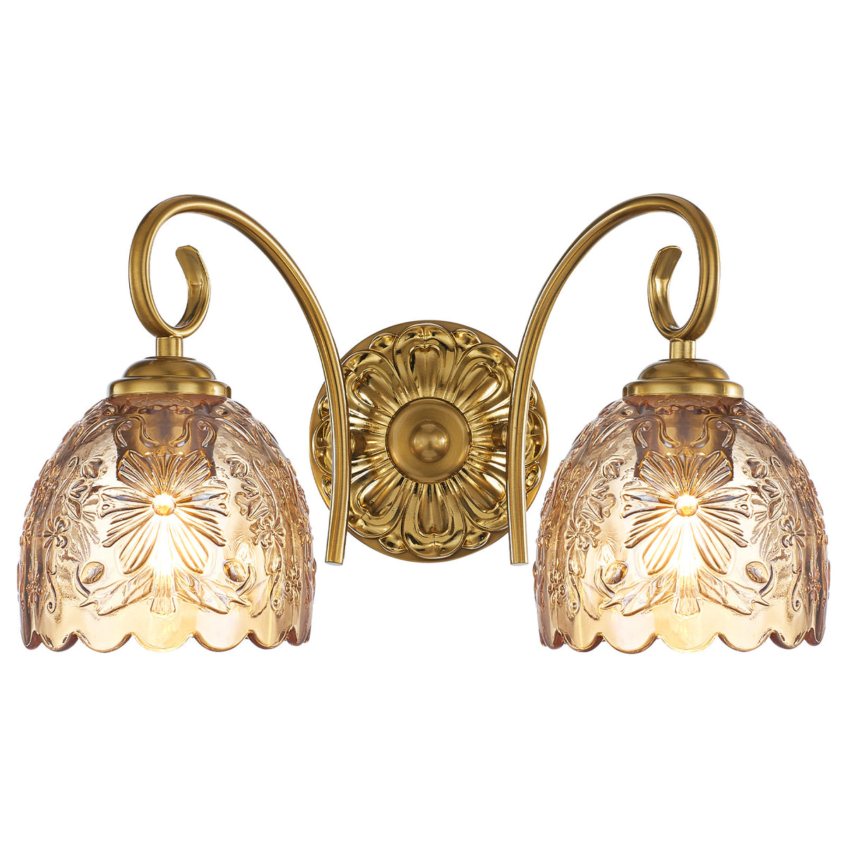 Aurelia Gold Vintage Bathroom Vanity Light, Amber Embossed Glass, 2-Light
