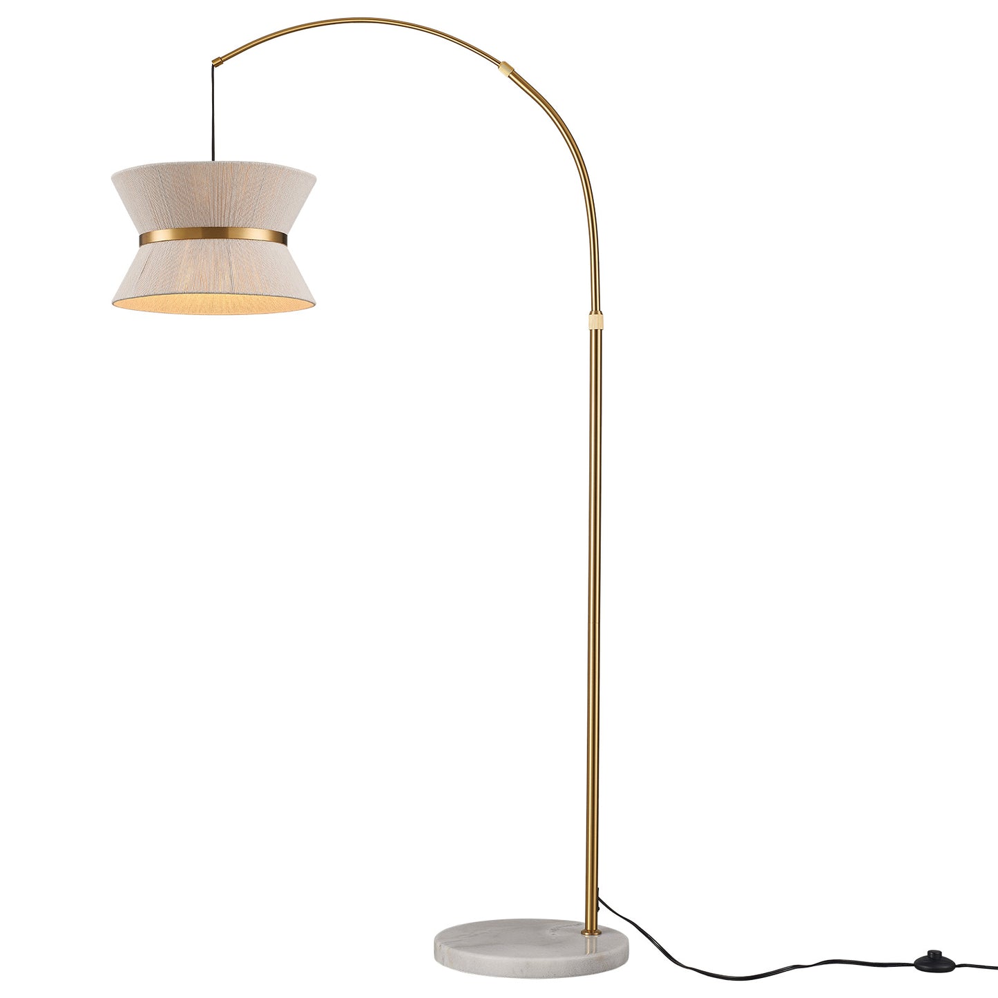 Lumora 65.5 Inch Gold Arc Floor Lamp with Hand-Woven Cotton Shade and White Marble Base