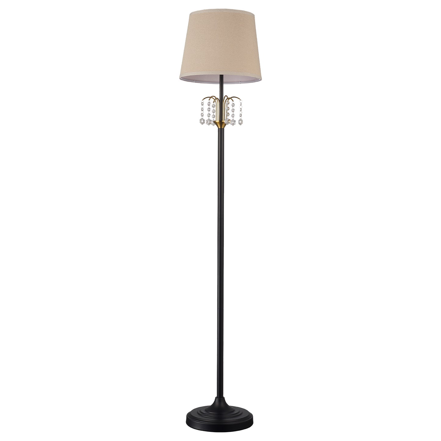 Lumora Crystal Floor Lamp, 64 Inch Black and Gold Standing Lamp with Linen Shade