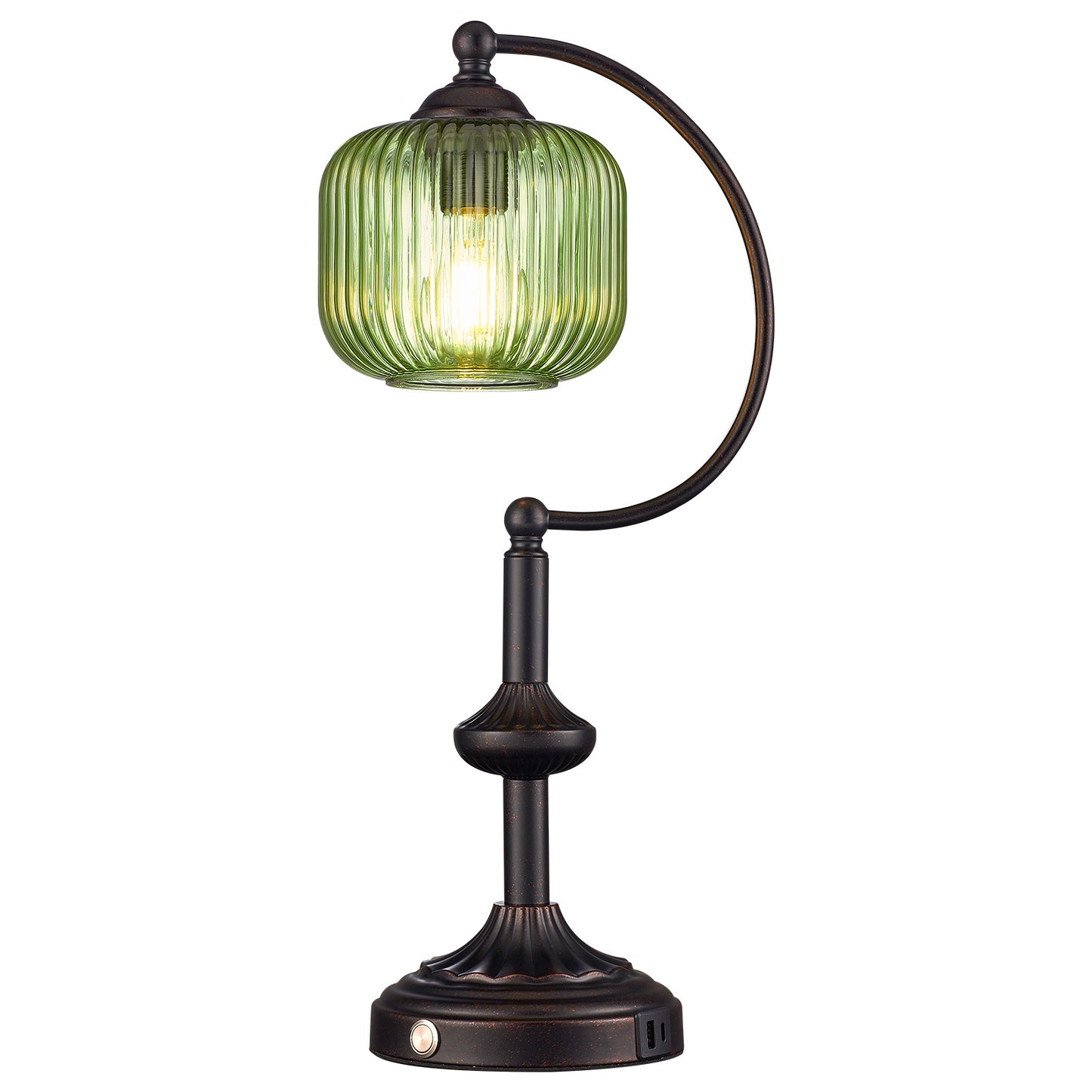 Cozyloom Black Table Lamp with Green Ribbed Glass Shade and USB-C + USB-A Charging Ports