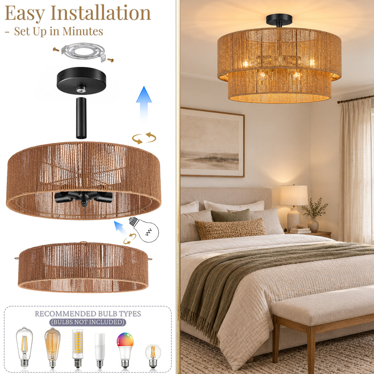 Aeris 24-Inch Black Double-Layer Woven Rope Ceiling Light