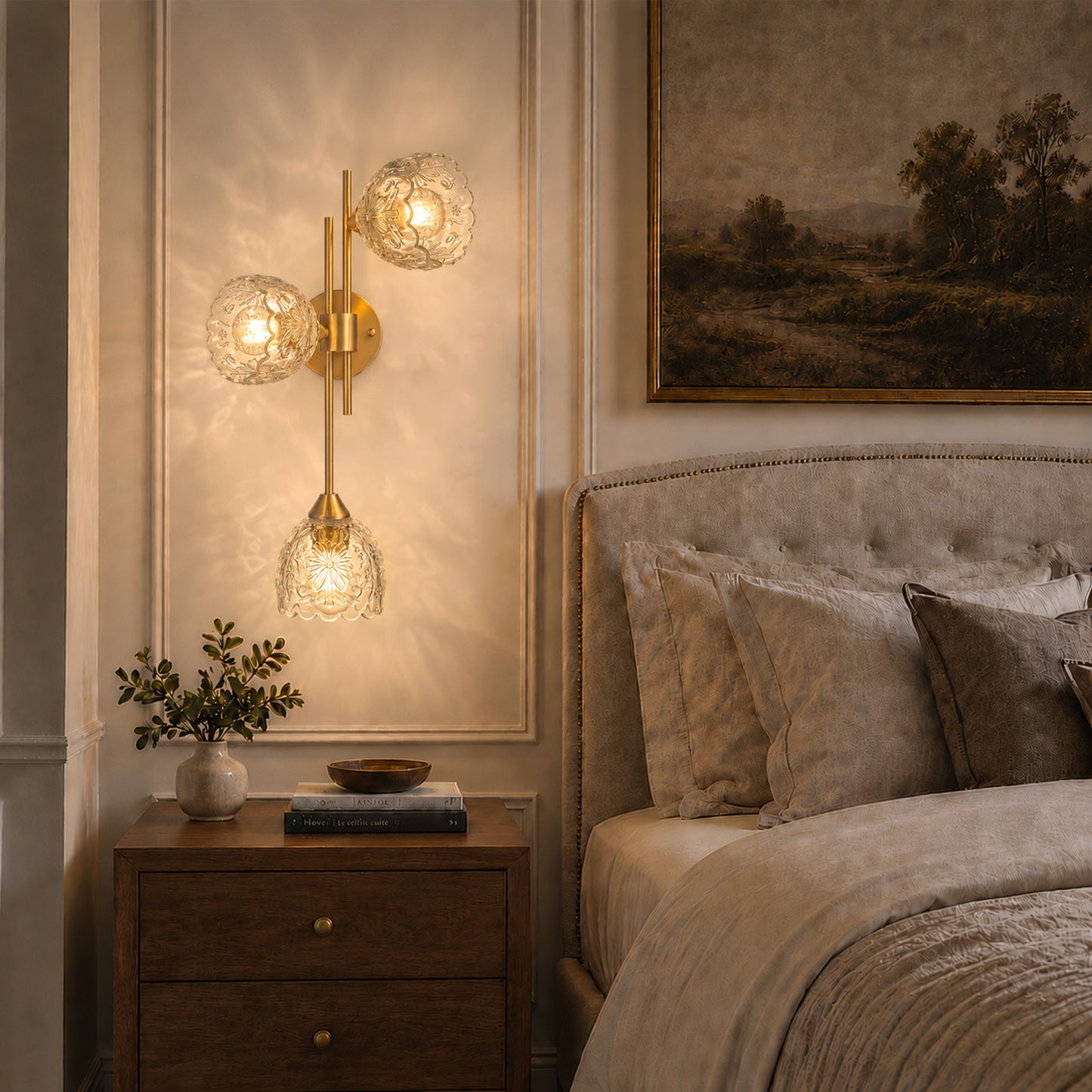 Aurelia 3-Light Gold Wall Sconce with Floral Glass Shades