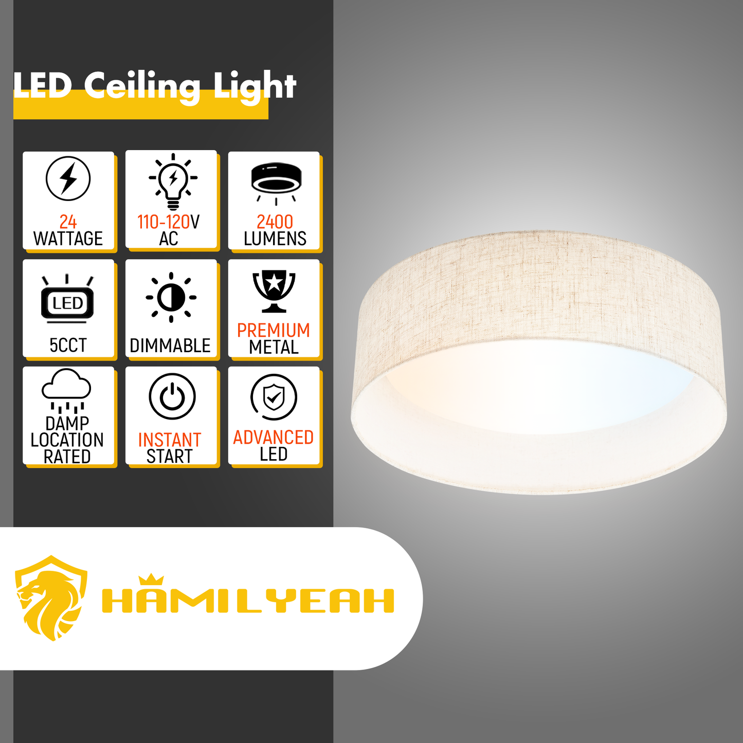 Hamilyeah 15" LED Flush Mount Dimmable Ceiling Light Fixture, with Fabric Shade