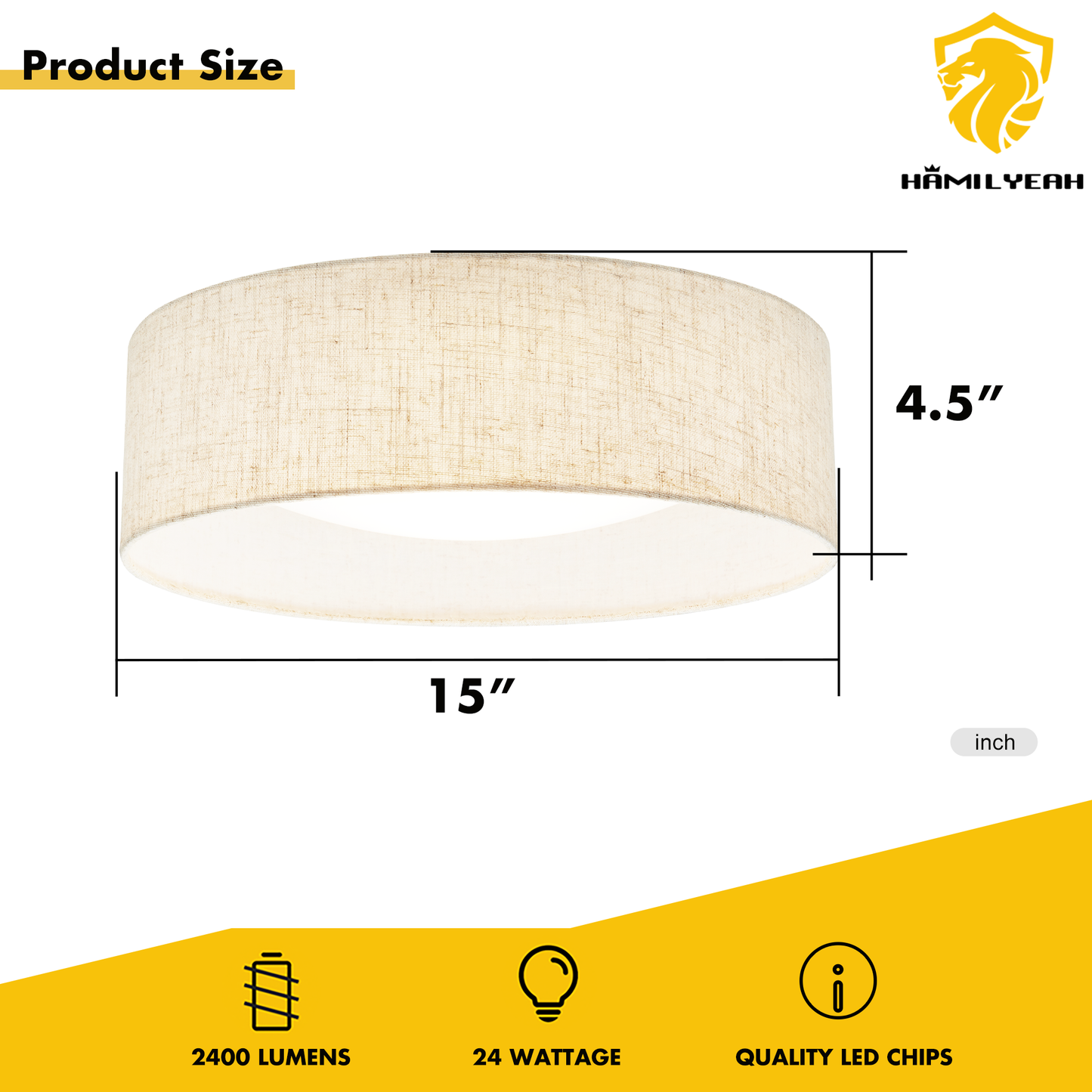Hamilyeah 15" LED Flush Mount Dimmable Ceiling Light Fixture, with Fabric Shade