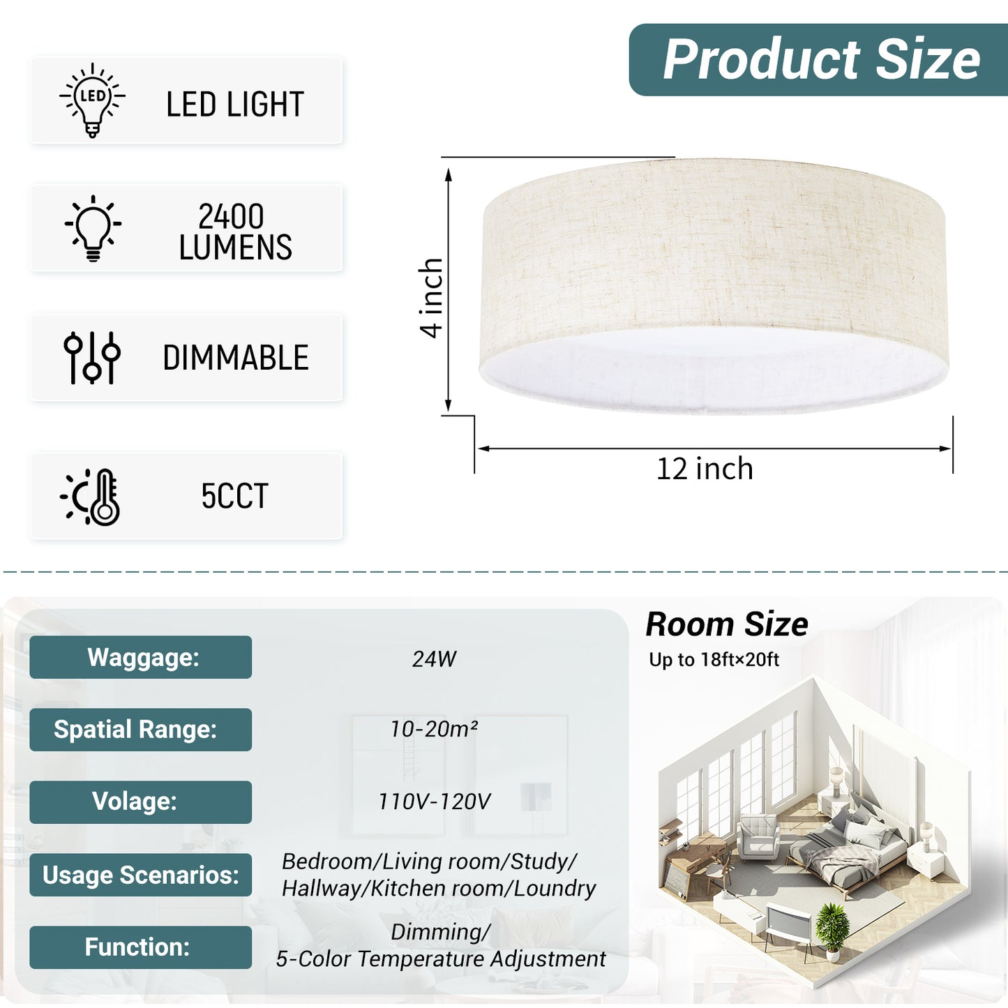 Hamilyeah 12" LED Ceiling Light Flush Mount Dimmable with Fabric Shade