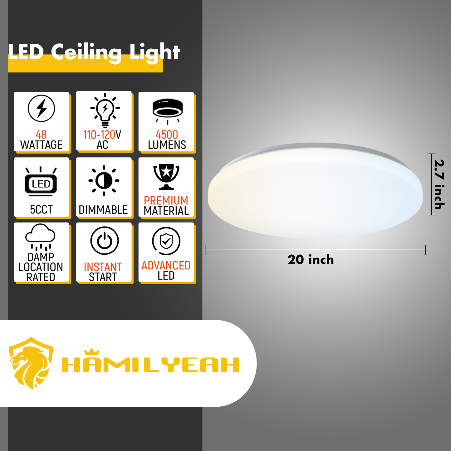 Hamilyeah 20" 48W Dimmable LED Flush Mount Ceiling Light, 5CCT for Living room