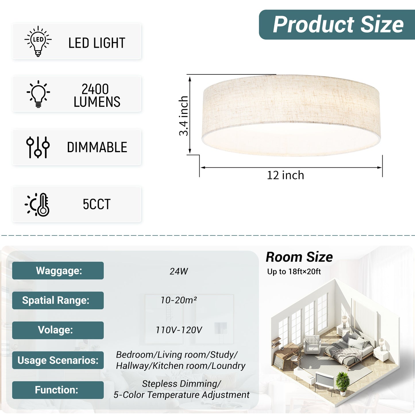 Hamilyeah LED Ceiling Light Flush Mount 12" 24W 5CCT Dimmable