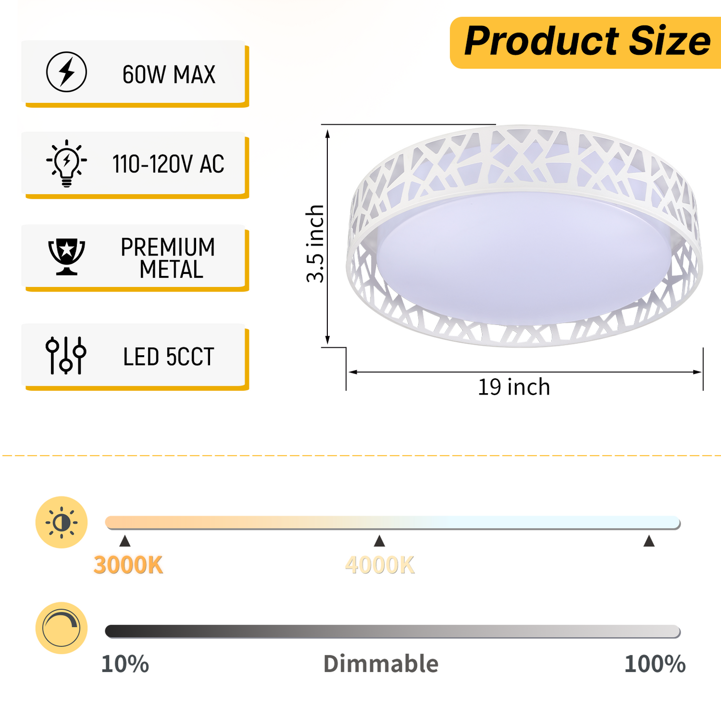 Hamilyeah 19" Dimmable Flush Mount Ceiling Light, 48W LED, Modern Fixture