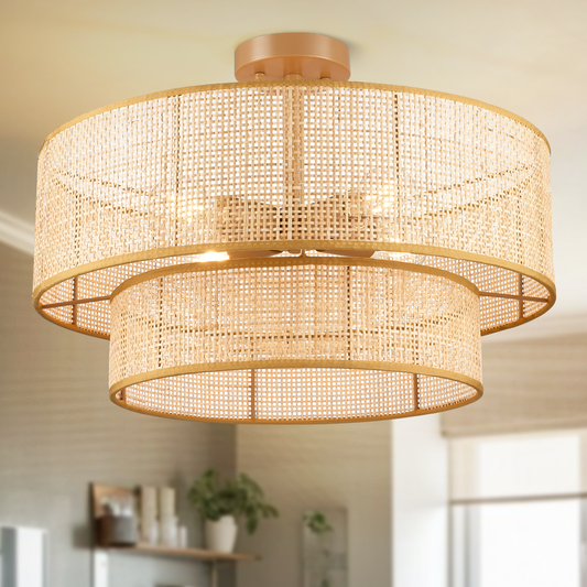 Hamilyeah 20" Ceiling Light Fixture, Boho Flush Mount with Wicker & Bamboo Rattan Shade