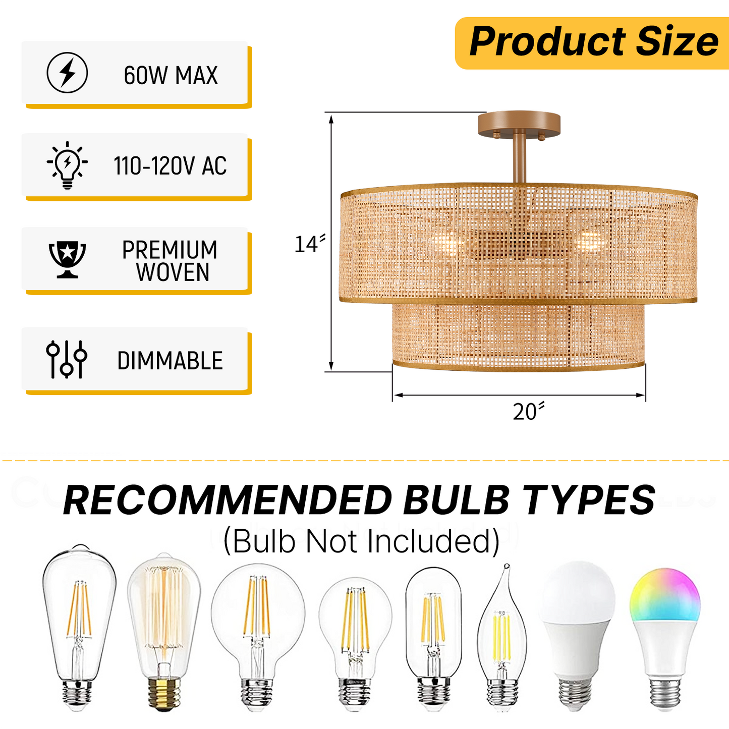 Hamilyeah 20" Ceiling Light Fixture, Boho Flush Mount with Wicker & Bamboo Rattan Shade