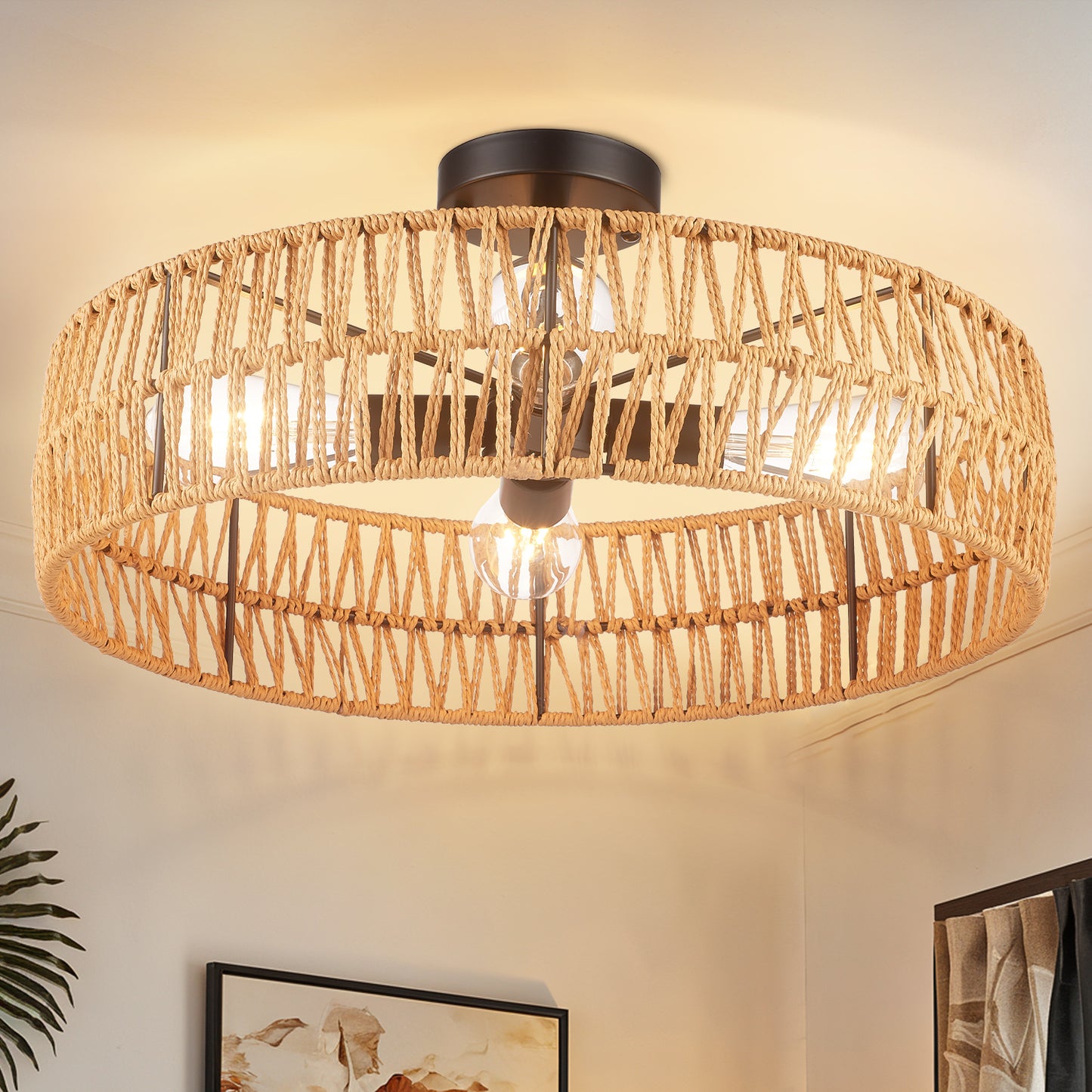 Hamilyeah 20" Semi Flush Mount Ceiling Light, Boho Rattan 4-Light Fixture, Farmhouse Ceiling Light
