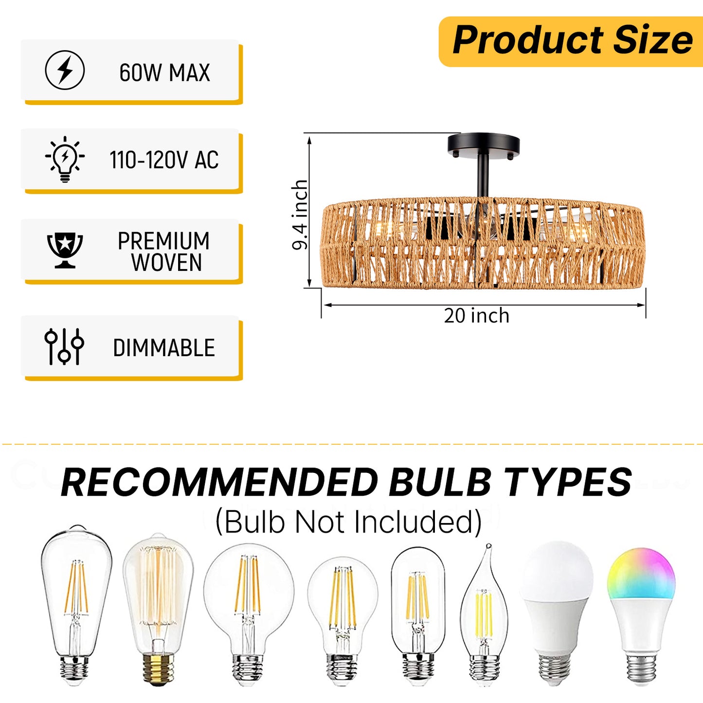 Hamilyeah 20" Semi Flush Mount Ceiling Light, Boho Rattan 4-Light Fixture, Farmhouse Ceiling Light