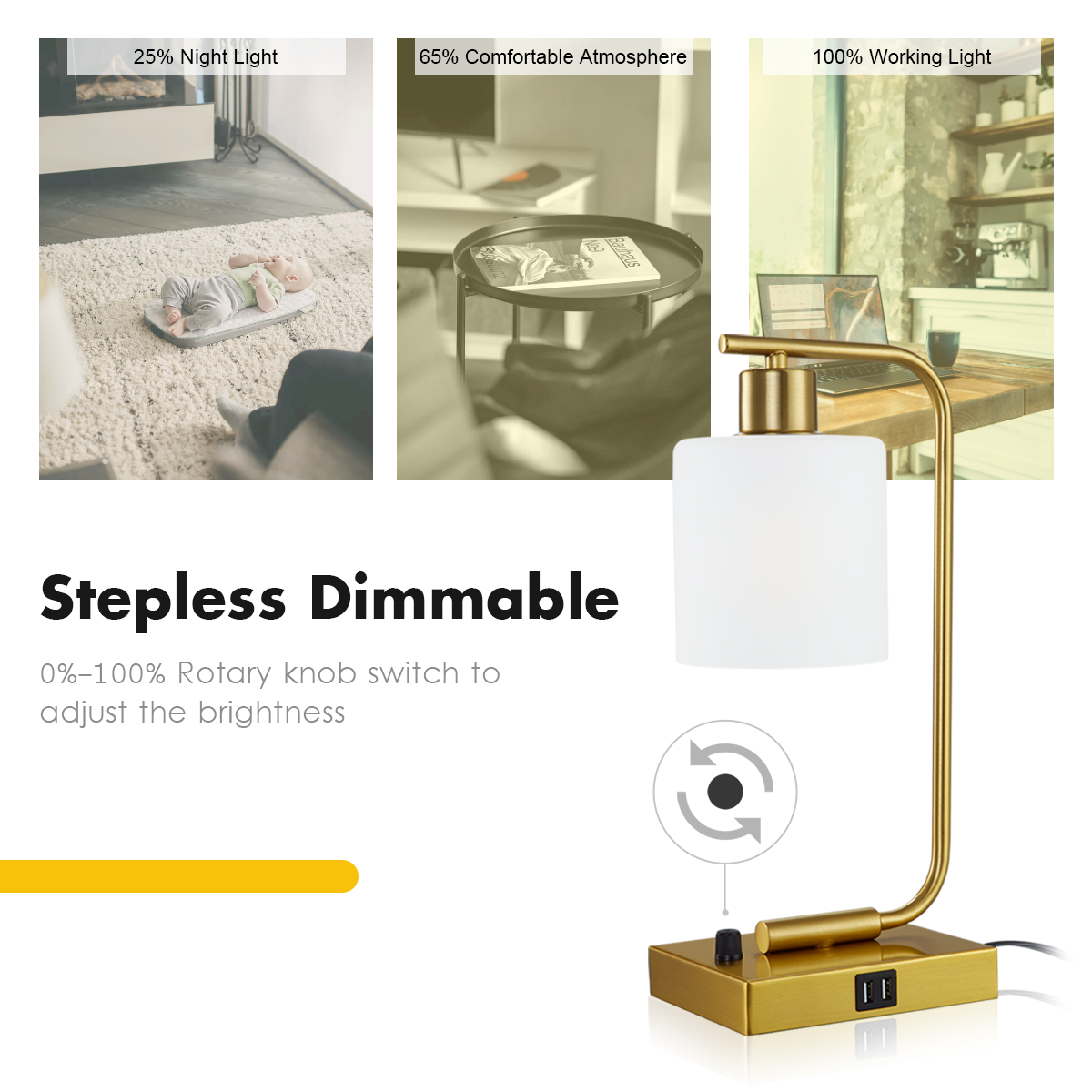 Hamilyeah Gold Table Lamps for Bedroom Set of 2, Stepless Dimmable Desk Lamps for Home Office, Industrial Bedside Lamp with USB Charging Port