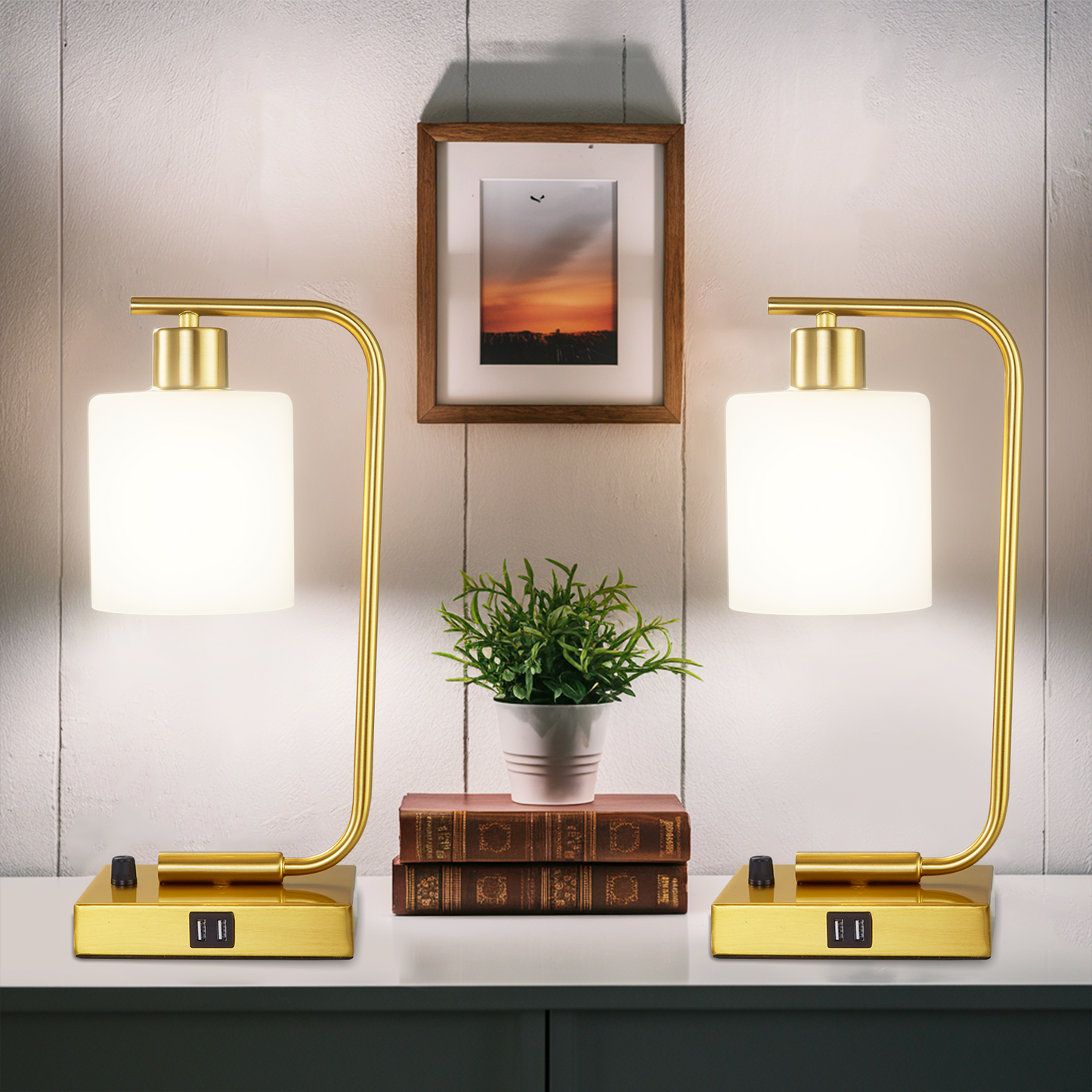 Hamilyeah Gold Table Lamps for Bedroom Set of 2, Stepless Dimmable Desk Lamps for Home Office, Industrial Bedside Lamp with USB Charging Port