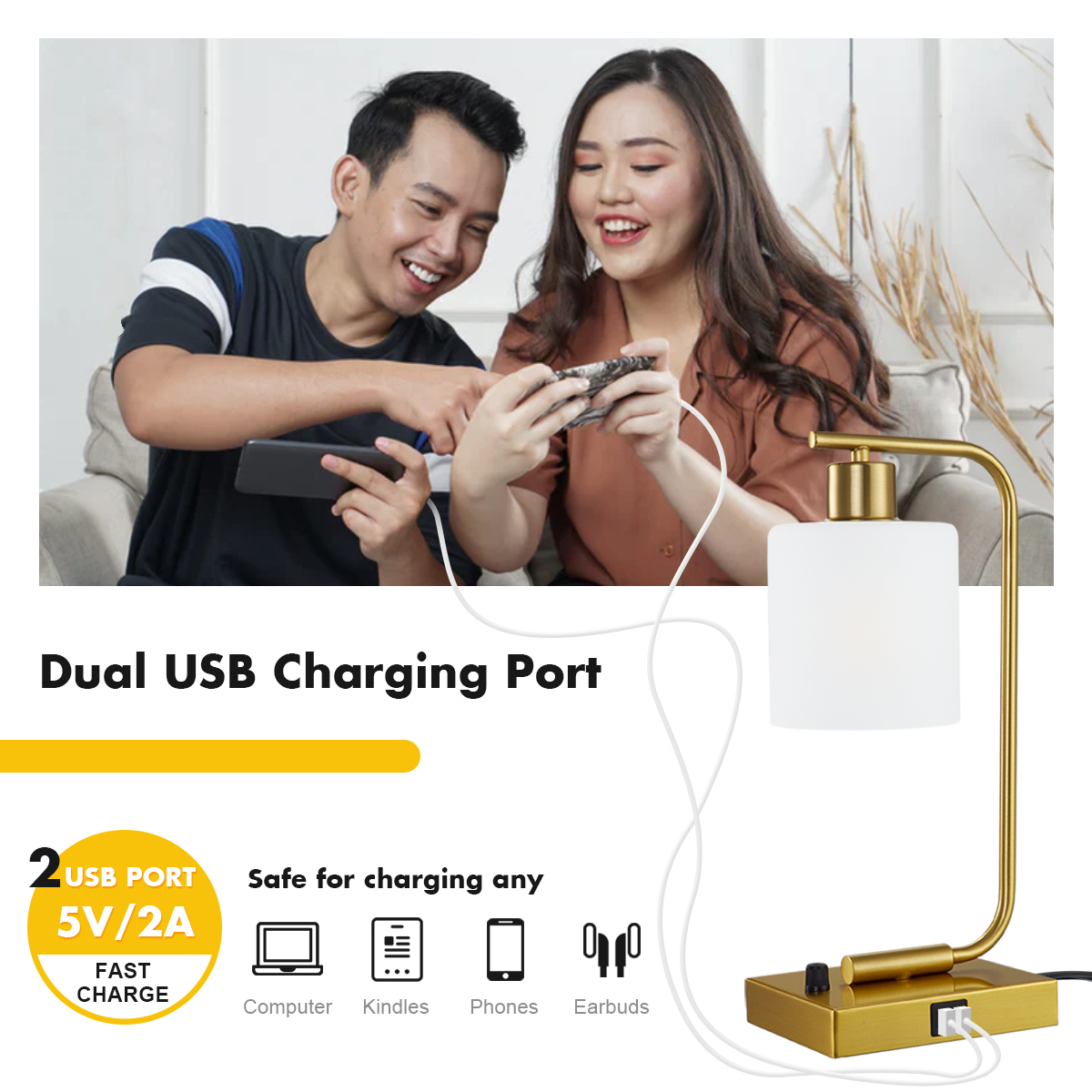 Hamilyeah Gold Table Lamps for Bedroom Set of 2, Stepless Dimmable Desk Lamps for Home Office, Industrial Bedside Lamp with USB Charging Port