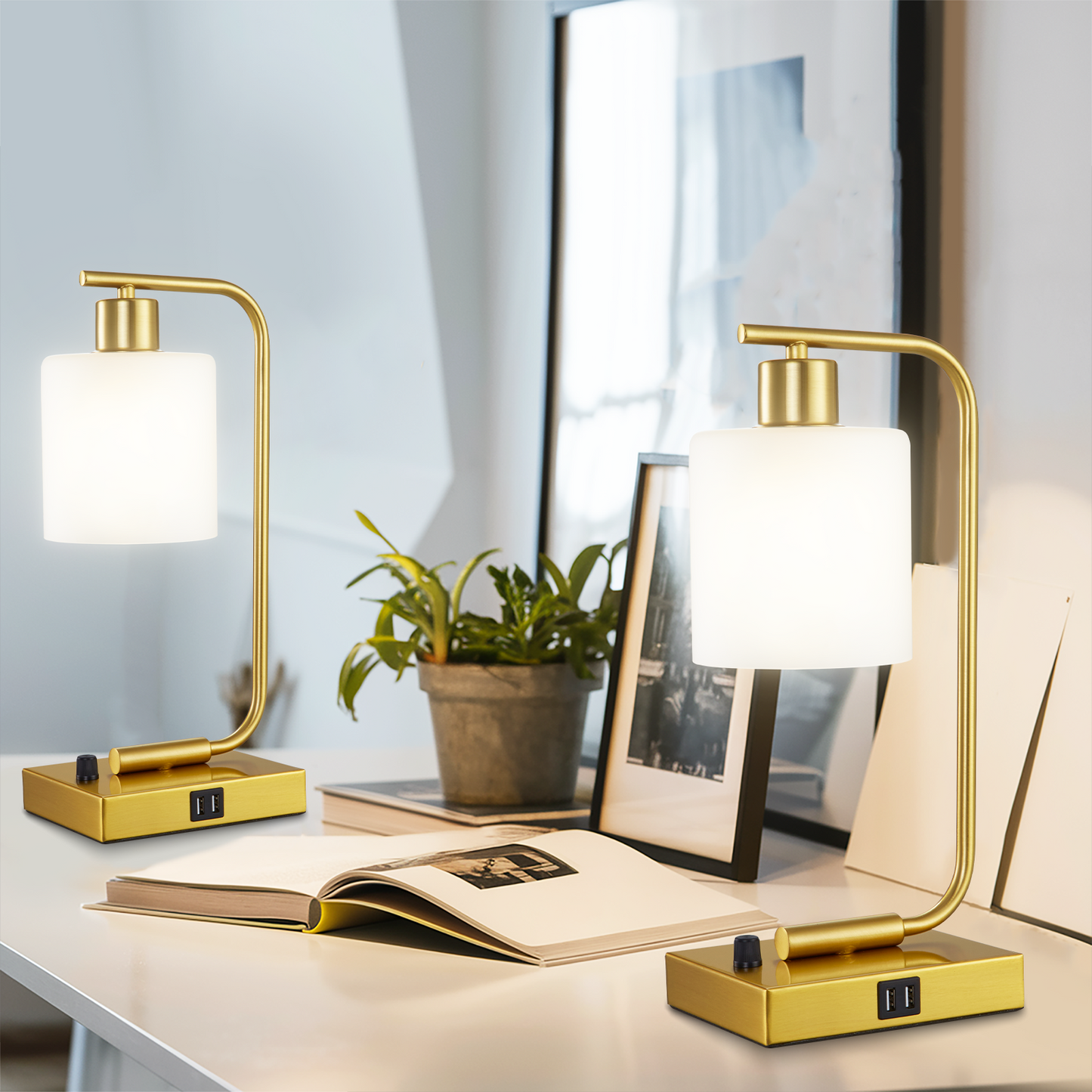 Hamilyeah Gold Table Lamps for Bedroom Set of 2, Stepless Dimmable Desk Lamps for Home Office, Industrial Bedside Lamp with USB Charging Port