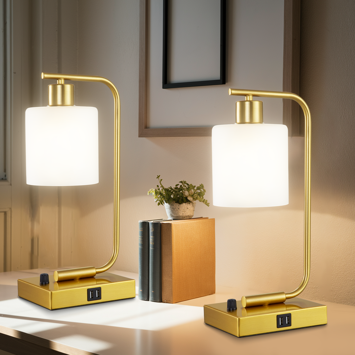 Hamilyeah Gold Table Lamps for Bedroom Set of 2, Stepless Dimmable Desk Lamps for Home Office, Industrial Bedside Lamp with USB Charging Port