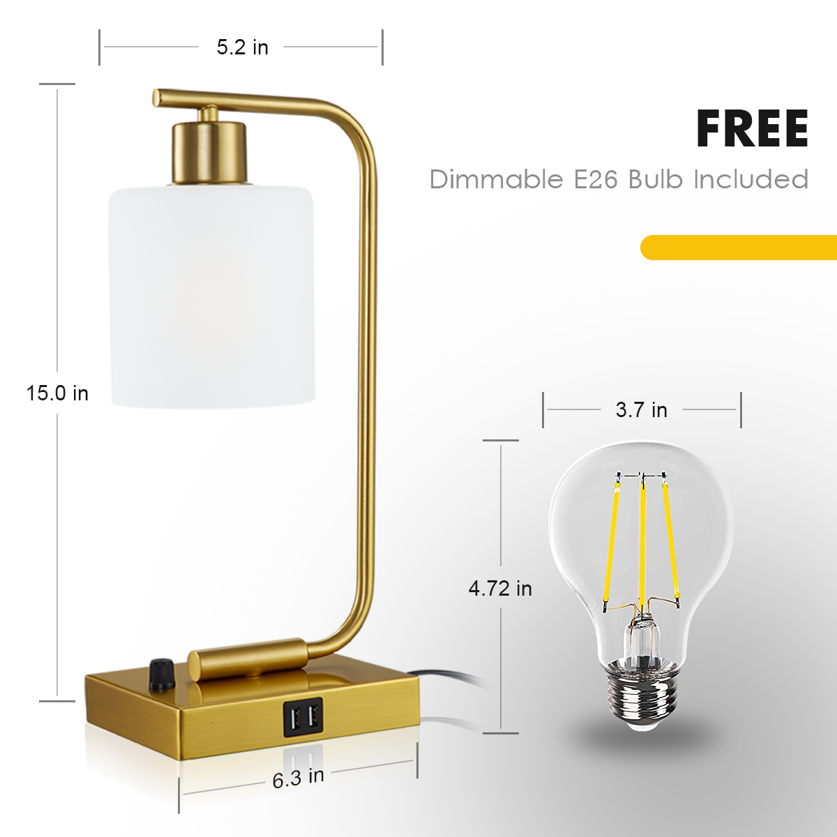 Hamilyeah Gold Table Lamps for Bedroom Set of 2, Stepless Dimmable Desk Lamps for Home Office, Industrial Bedside Lamp with USB Charging Port
