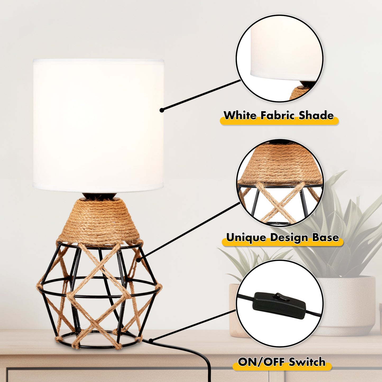 Hamilyeah Table Lamps Set of 2, Woven Lamps Farmhouse Bedside Lamps with White Fabric Shade