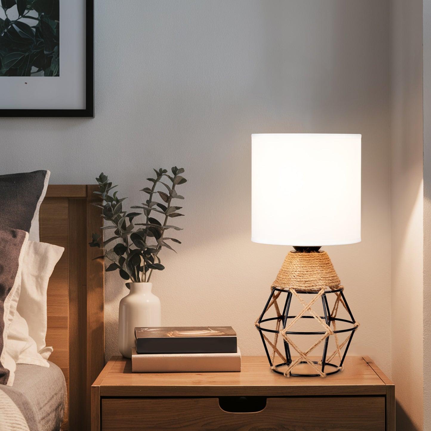 Hamilyeah Table Lamps Set of 2, Woven Lamps Farmhouse Bedside Lamps with White Fabric Shade