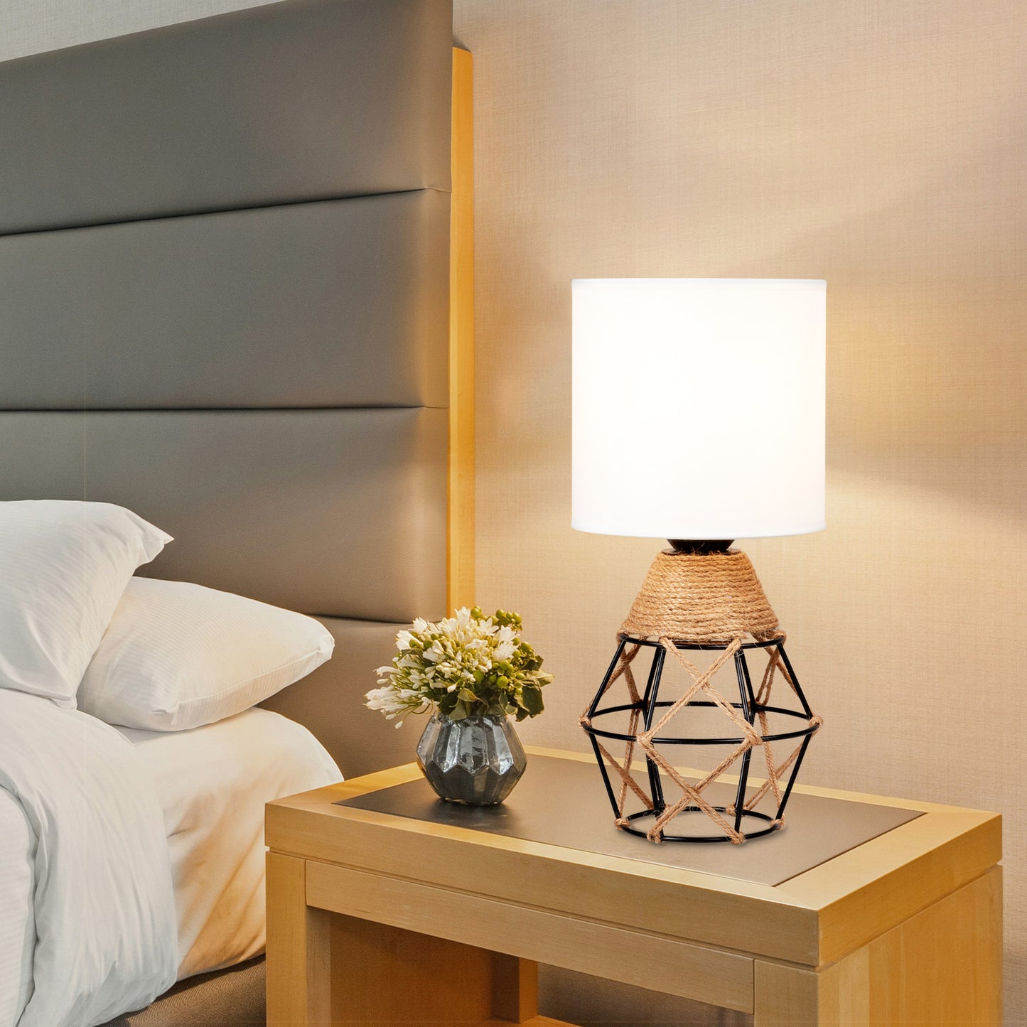 Hamilyeah Table Lamps Set of 2, Woven Lamps Farmhouse Bedside Lamps with White Fabric Shade