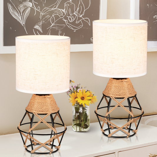 Hamilyeah Woven Table Lamps Set of 2, Farmhouse Lamps for Nightstand with On/Off Switch, Bedside Lamps with Fabric Shade, Modern Simple Lamps
