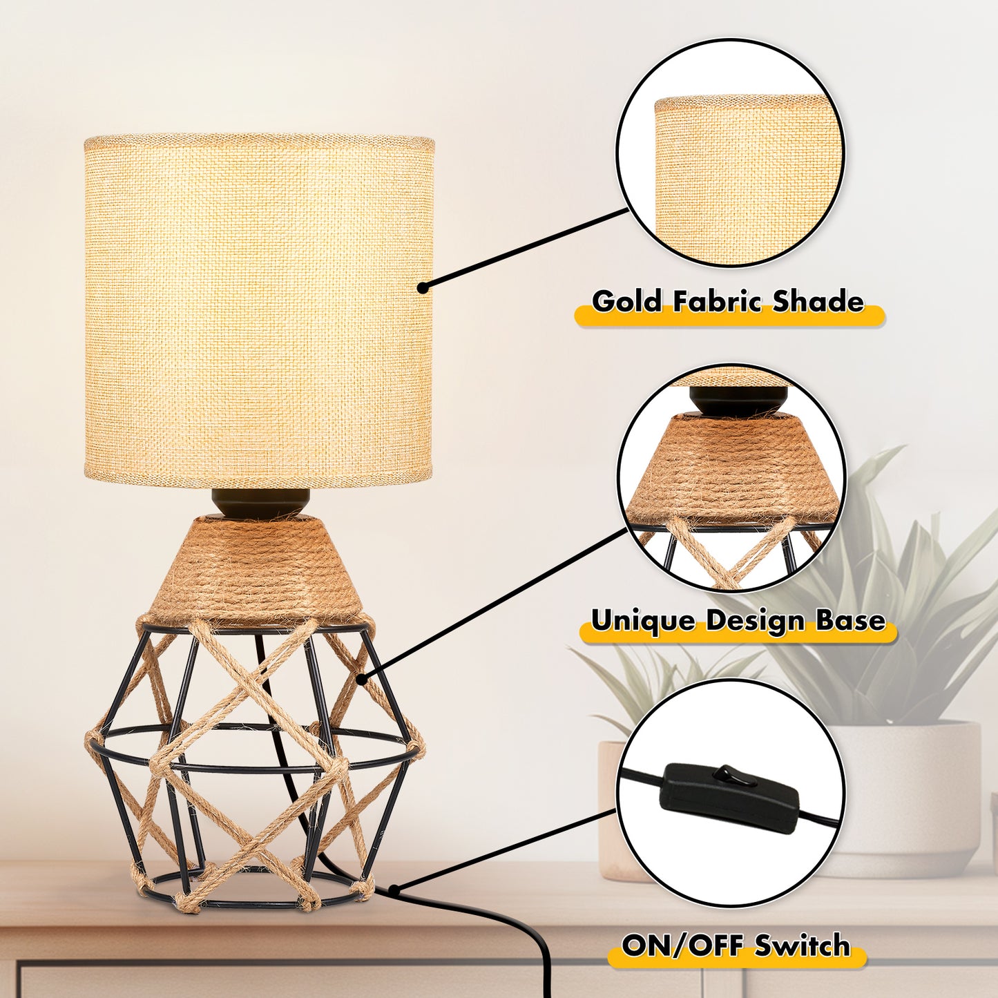 Hamilyeah Woven Table Lamps Set of 2, Boho Bedside Lamps with Fabric Shade, Farmhouse Lamps for Night Stands with On/Off Switch, Modern Industrial Desk Lamps for Bedroom, Living Room, Office