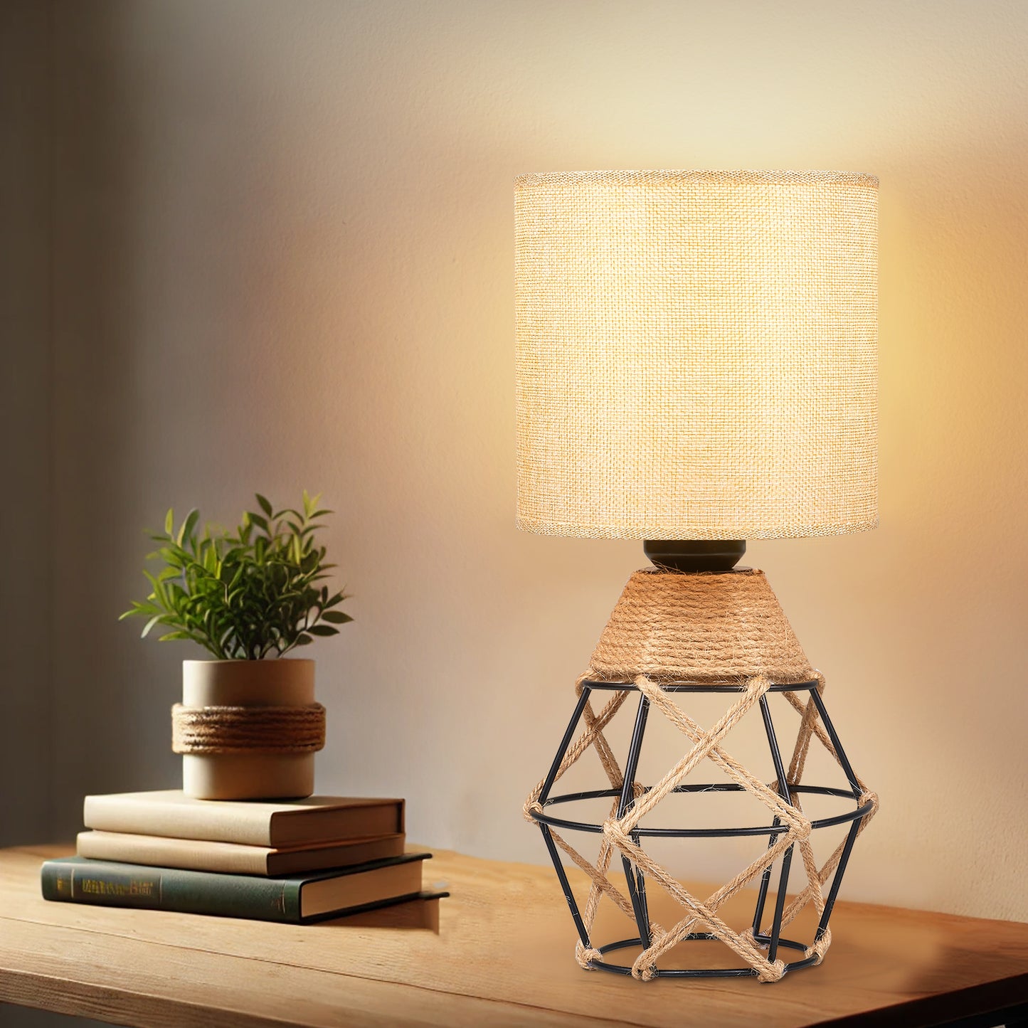 Hamilyeah Woven Table Lamps Set of 2, Boho Bedside Lamps with Fabric Shade, Farmhouse Lamps for Night Stands with On/Off Switch, Modern Industrial Desk Lamps for Bedroom, Living Room, Office