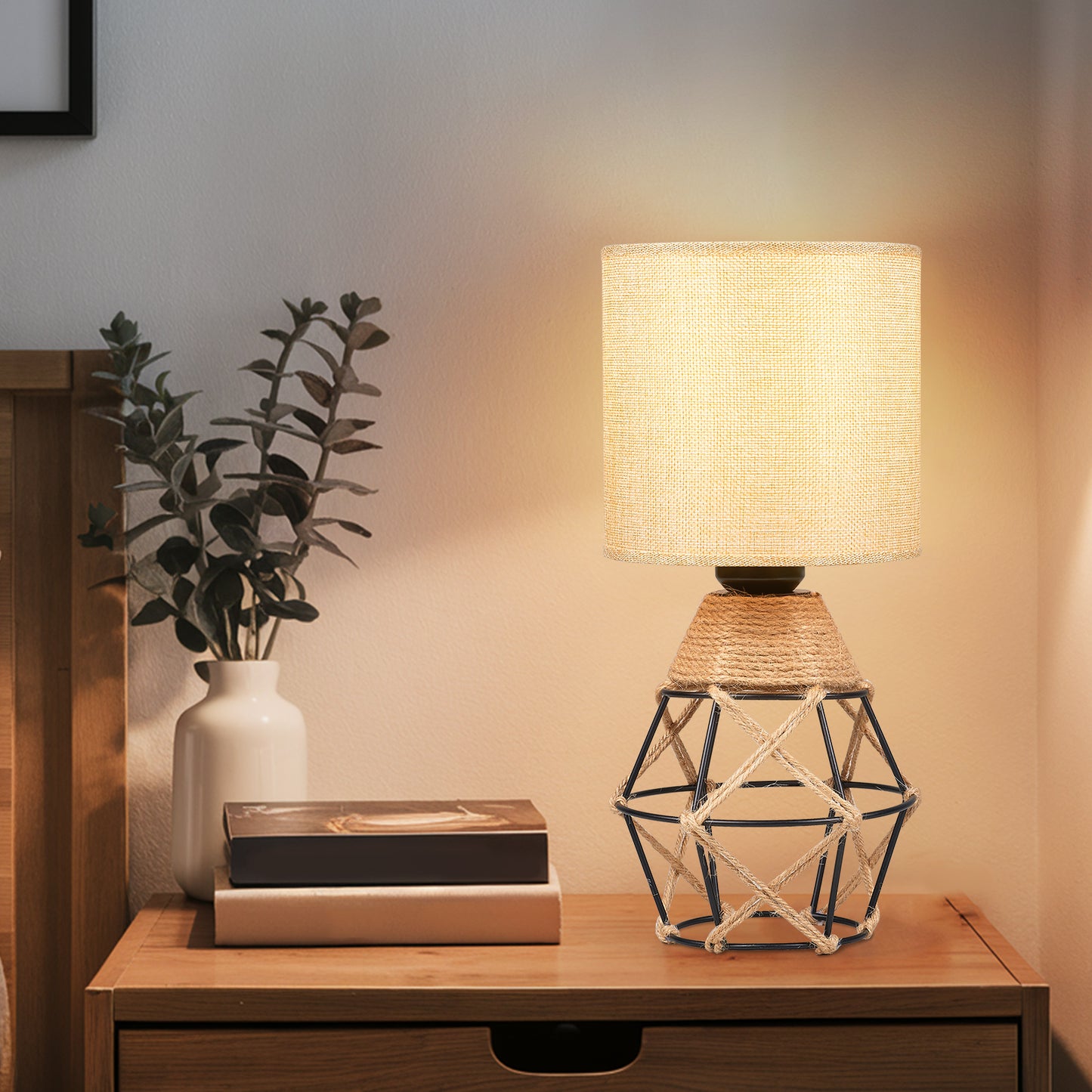 Hamilyeah Woven Table Lamps Set of 2, Boho Bedside Lamps with Fabric Shade, Farmhouse Lamps for Night Stands with On/Off Switch, Modern Industrial Desk Lamps for Bedroom, Living Room, Office