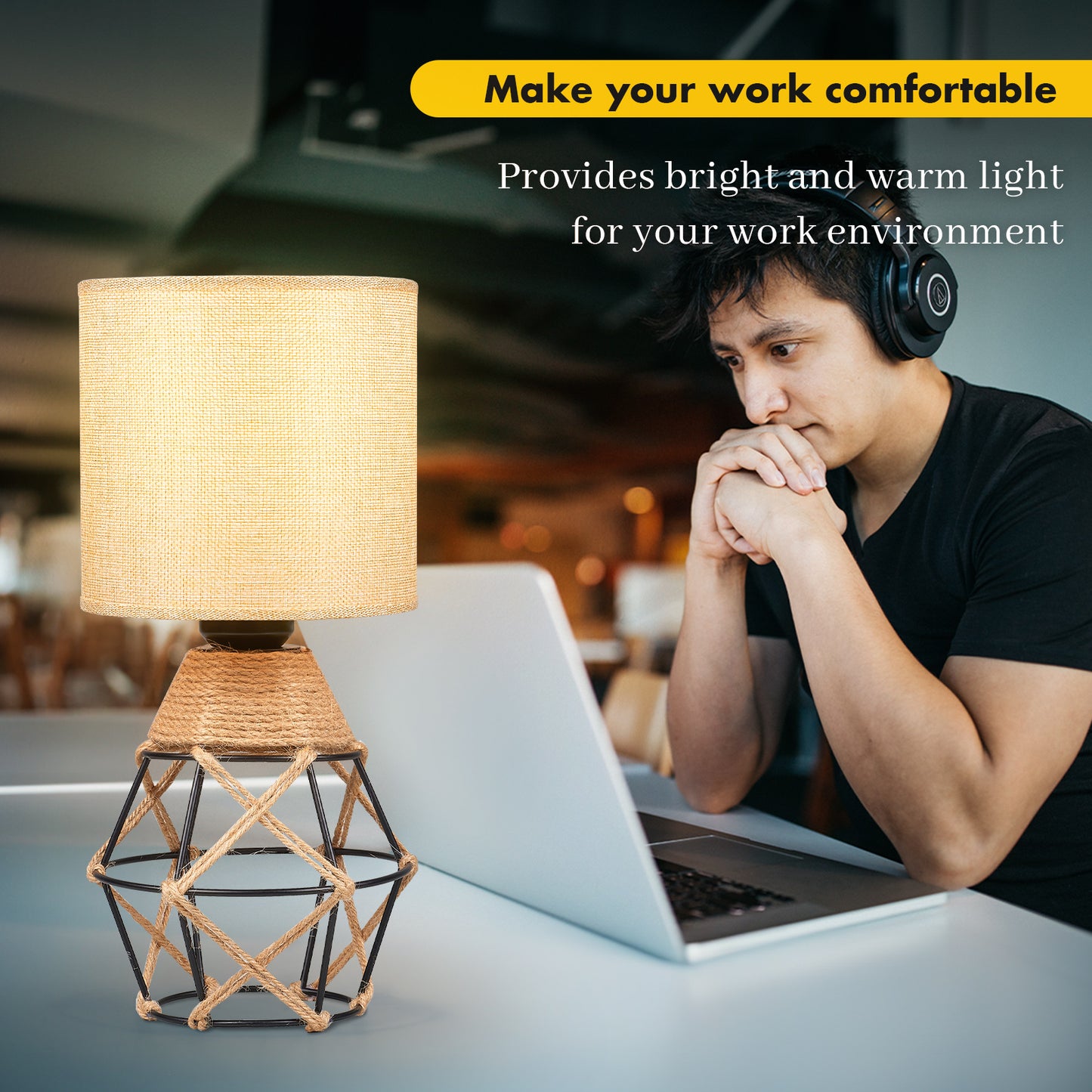 Hamilyeah Woven Table Lamps Set of 2, Boho Bedside Lamps with Fabric Shade, Farmhouse Lamps for Night Stands with On/Off Switch, Modern Industrial Desk Lamps for Bedroom, Living Room, Office