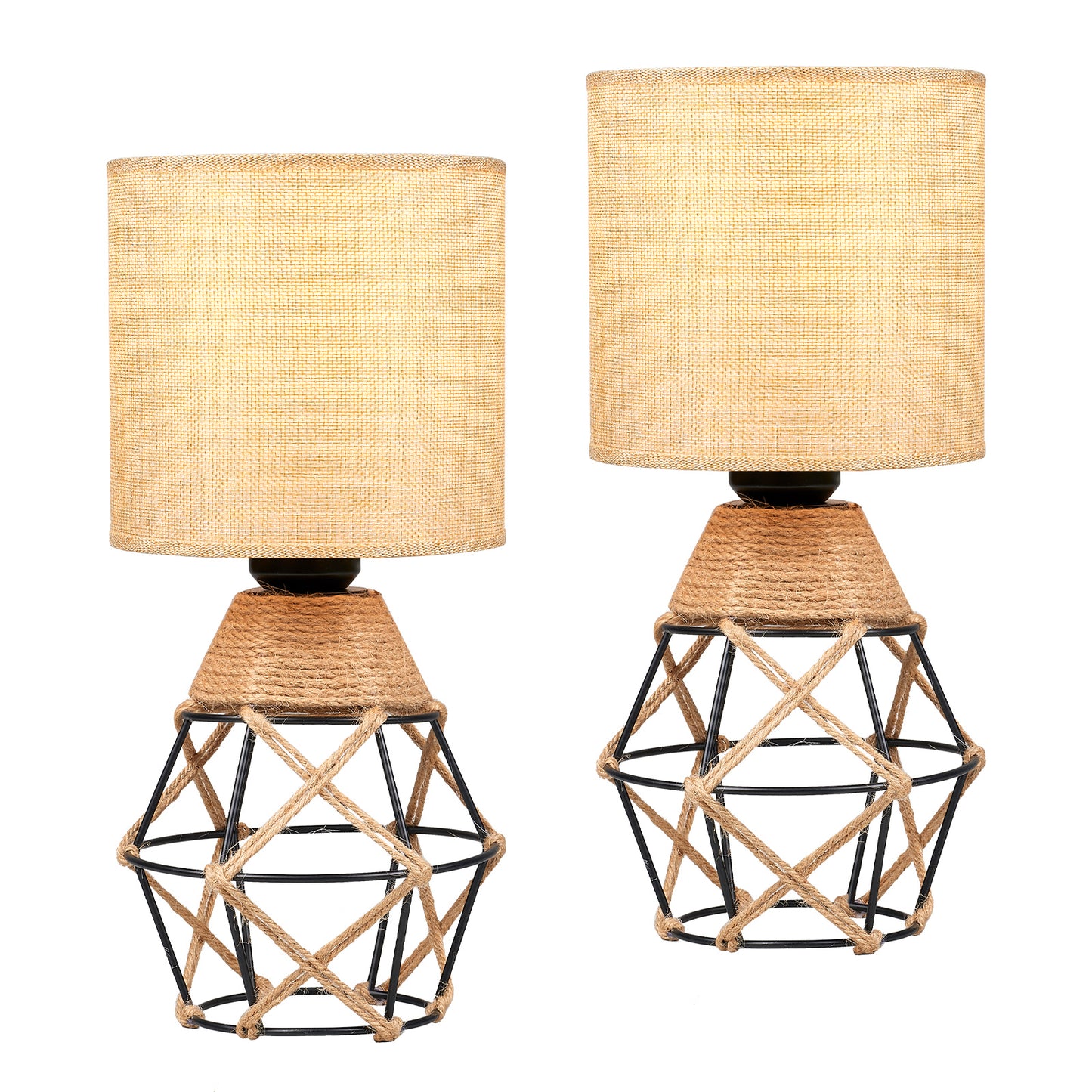 Hamilyeah Woven Table Lamps Set of 2, Boho Bedside Lamps with Fabric Shade, Farmhouse Lamps for Night Stands with On/Off Switch, Modern Industrial Desk Lamps for Bedroom, Living Room, Office
