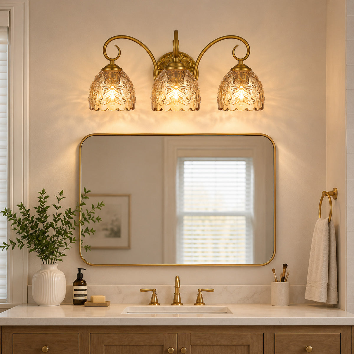 Aurelia Gold Vintage Bathroom Vanity Light, Amber Embossed Glass, 3-Light