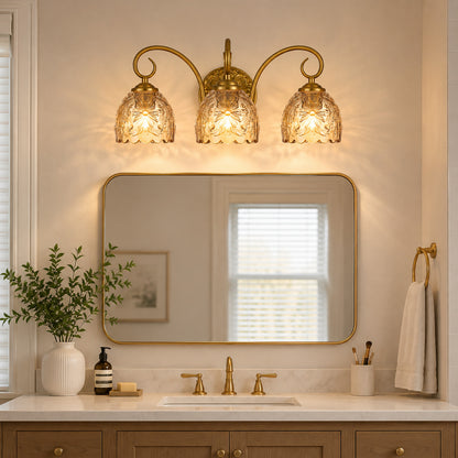 Aurelia Gold Vintage Bathroom Vanity Light, Amber Embossed Glass, 3-Light