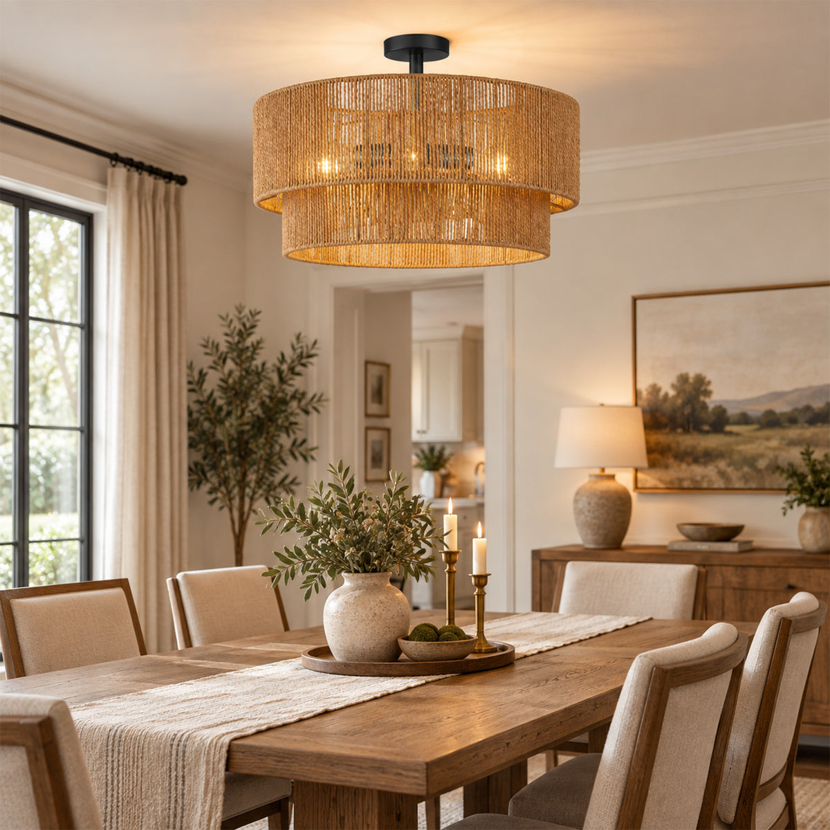 Aeris 24-Inch Black Double-Layer Woven Rope Ceiling Light