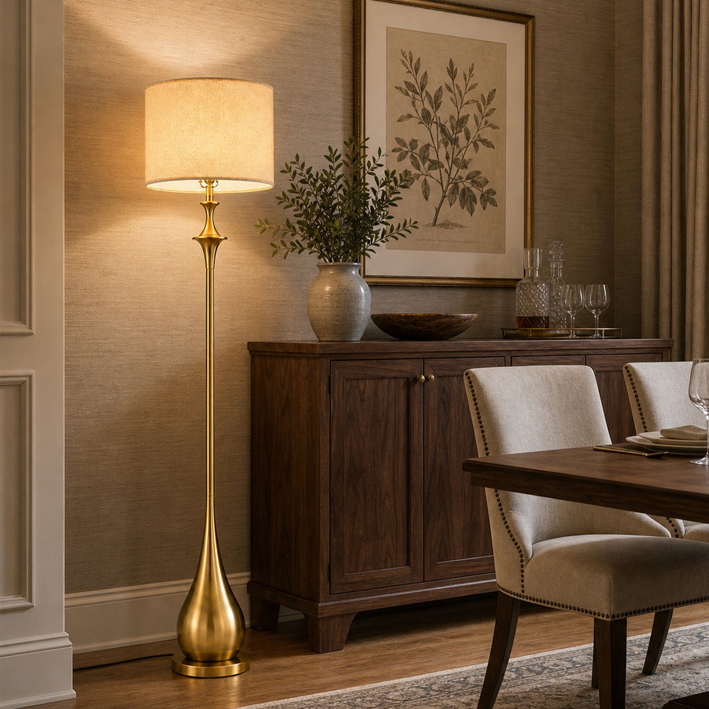 Lumora 65 in Brushed Gold Mid Century Floor Lamp with Linen Shade